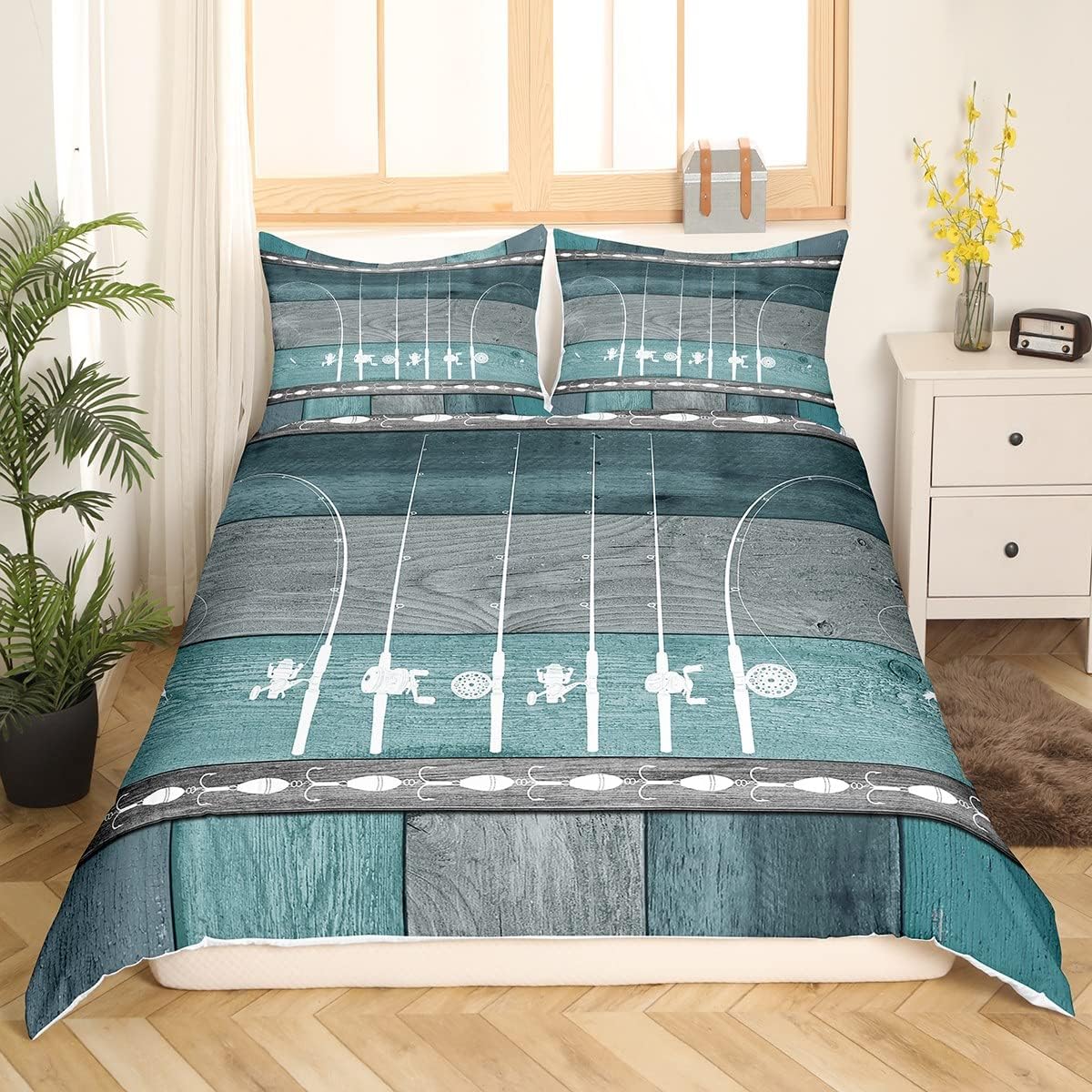 Funda de edredón de pesca tamaño Queen, funda de edredón de caña de pescar, regalos de pesca para hombres, juego de ropa de cama de madera de