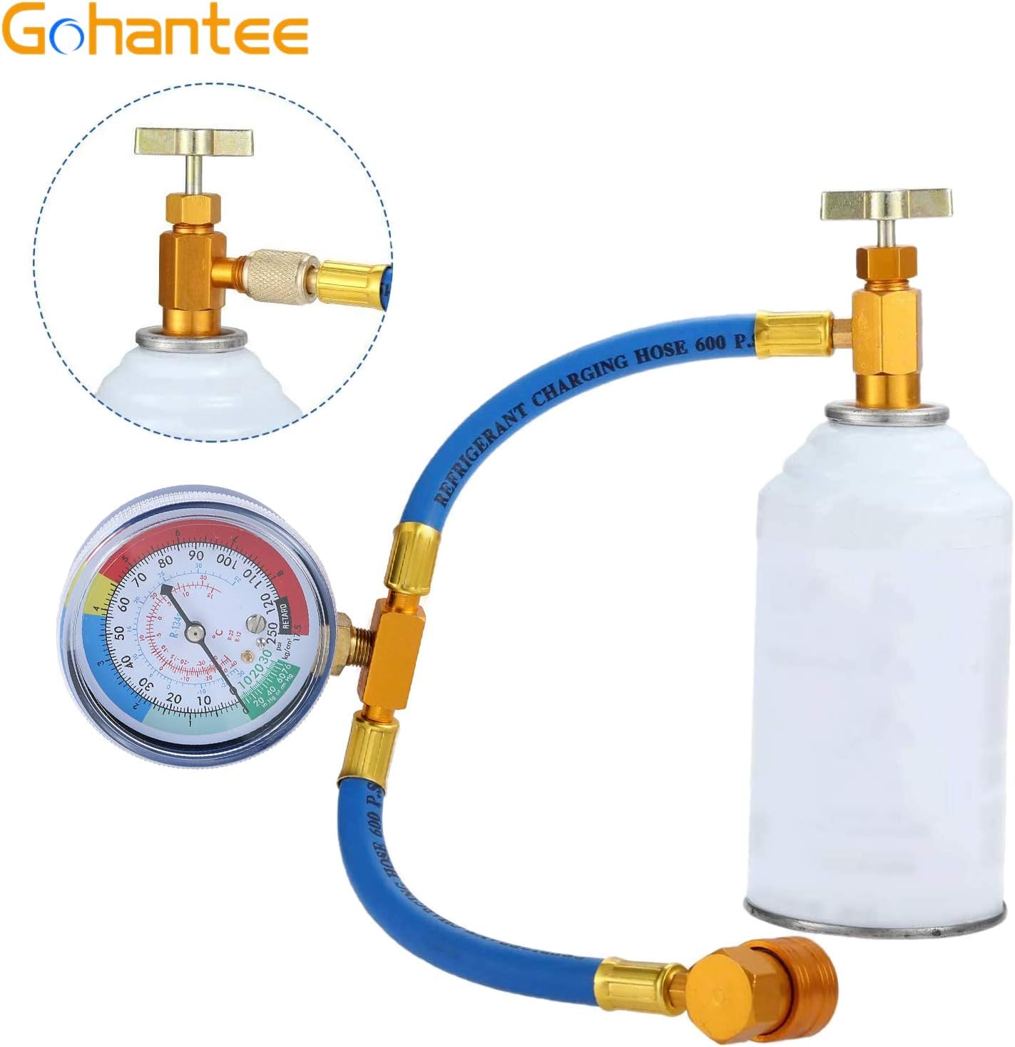 Kit de manguera de recarga de refrigerante R134A con manómetro para aire acondicionado de automóvil, R134a Piercing Can Tap, R134A acoplador rápido,