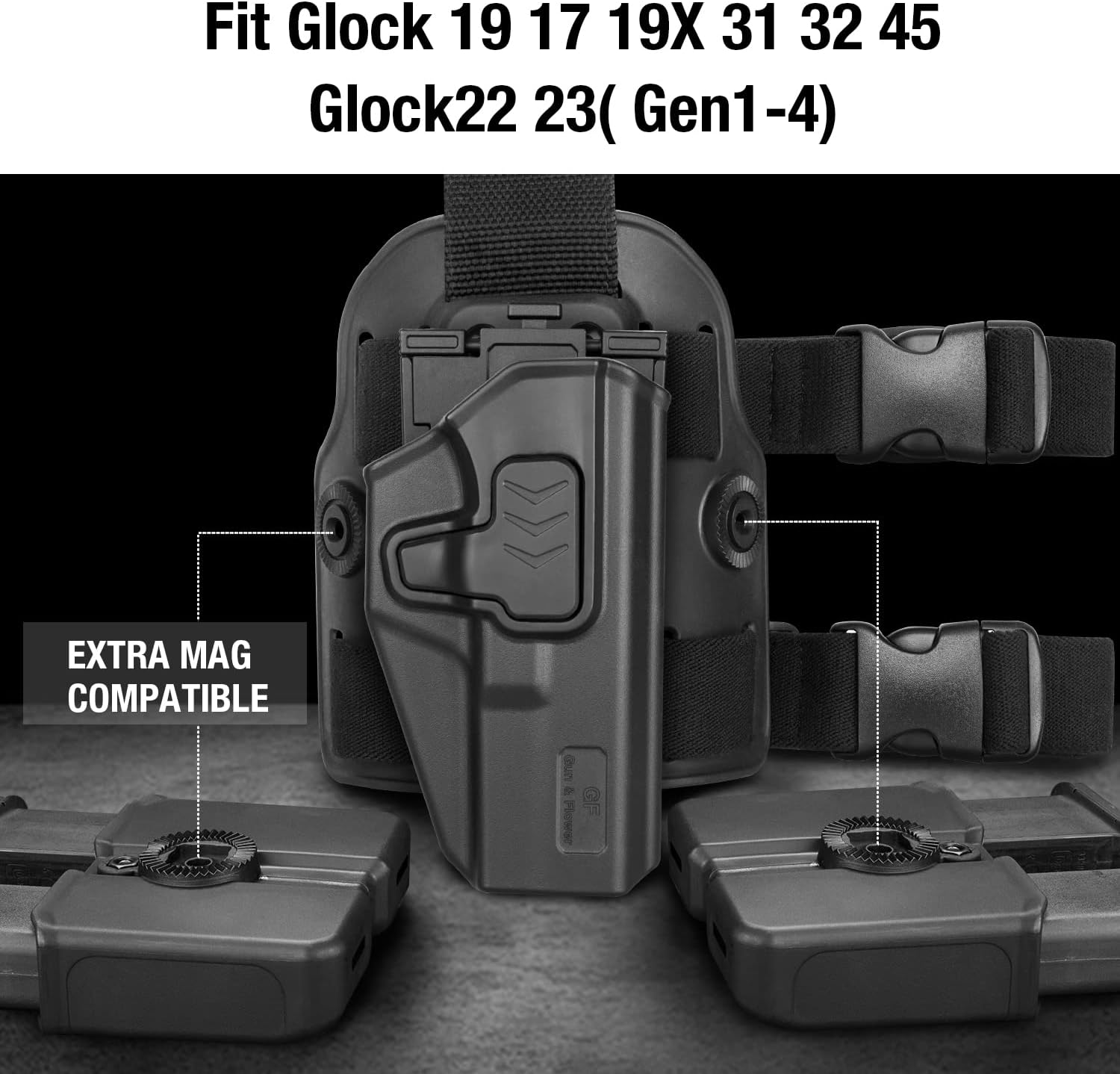 Funda táctica de pierna caída, nivel II para muslos Glock 17, 19, 19X, 22, 23, 31, 32 (Gen1-5), G22 (Gen 1-4), 45Colt-Elite 1911 ForceKimber