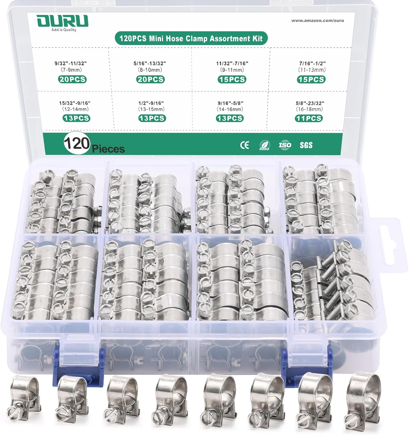Kit surtido de 120 abrazaderas de línea de combustible de acero inoxidable 304, 8 tamaños ajustables de 932 a 2332 pulgadas de diámetro (0.276-0.709