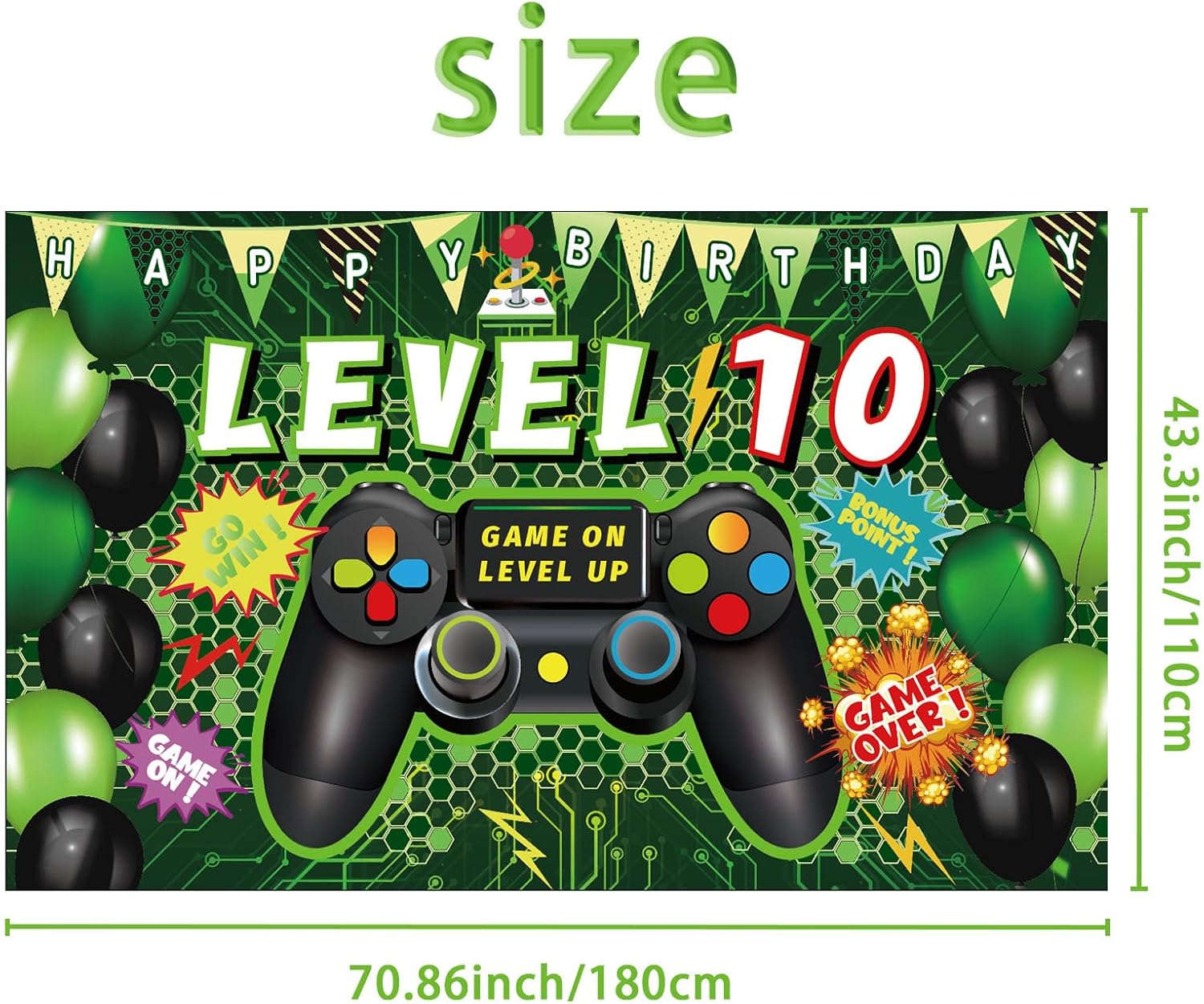 Vlipoeasn Juego de 90 decoraciones de fiesta de videojuegos de cumpleaños número 10 para niños, suministros verdes de 10 cumpleaños, telón de fondo