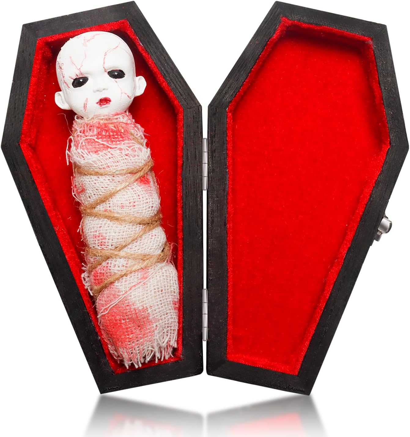 Decoración de Halloween esencial ataúd de madera pintada en negro, mini caja de ataúd de vampiro, muñeca fantasma, kit de bricolaje para crear tu