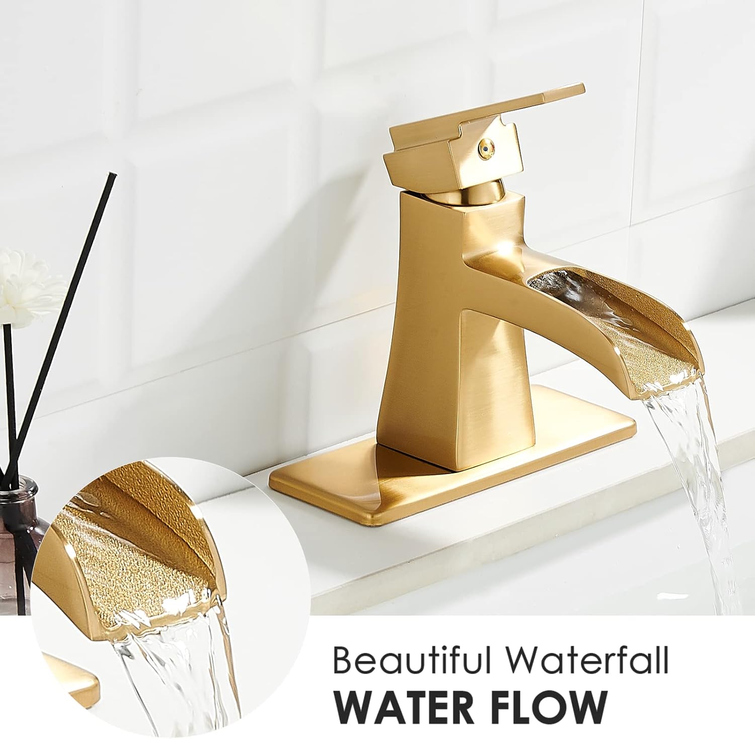 Grifo de baño dorado cepillado de un solo agujero, moderno grifo de lavabo de baño de cascada, grifos de tocador de baño de una sola manija con