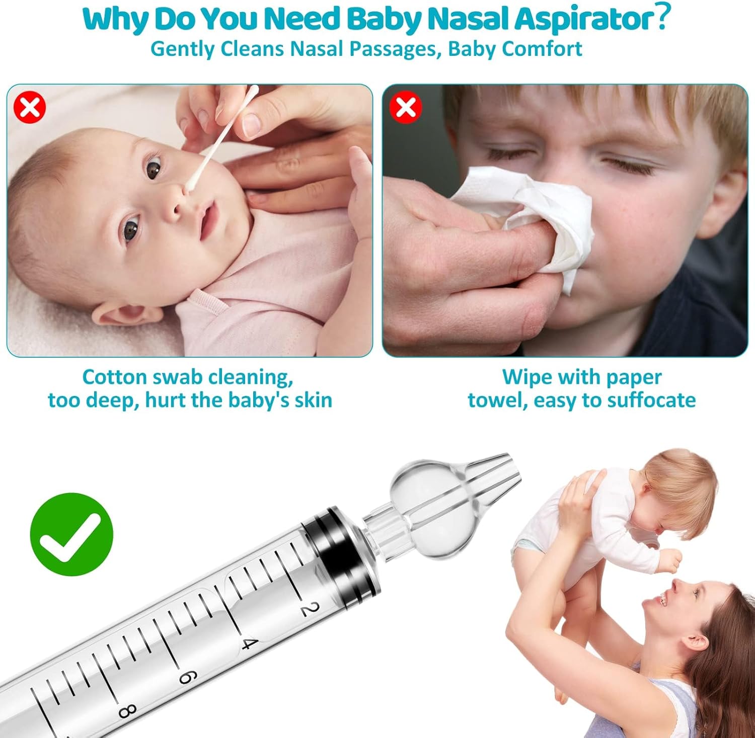 Aspirador nasal para bebé, jeringa nasal para jeringa de bebé, irrigador nasal con punta de succión nasal de silicona reutilizable limpiable,