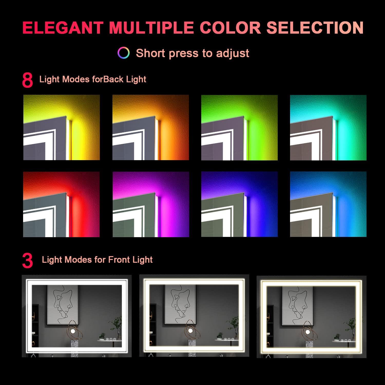 Snowdool Espejo de baño LED de 48 x 32 pulgadas con luces, espejo antivaho con retroiluminación RGB, espejo de tocador de baño con luz inteligente
