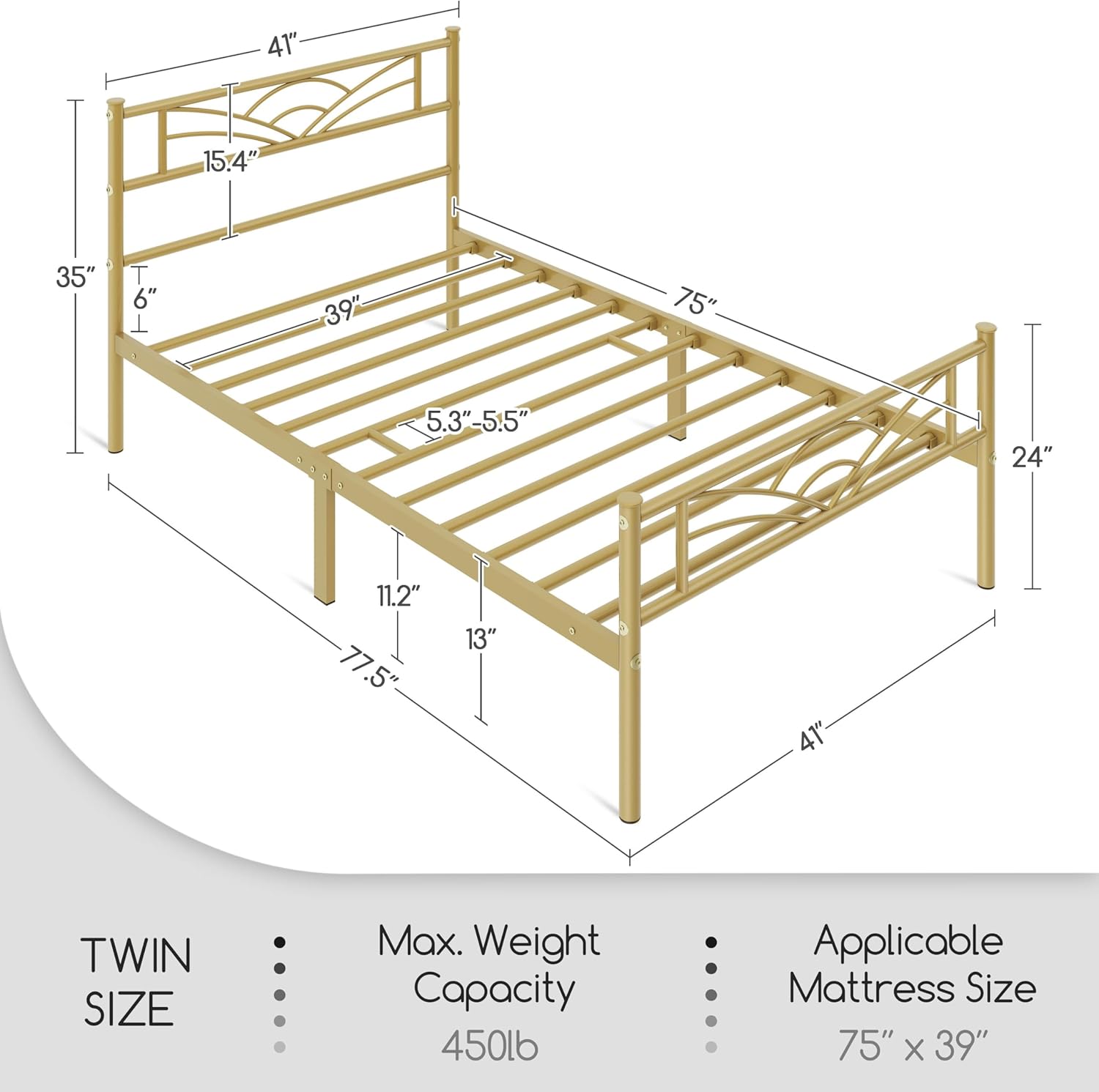 Yaheetech Base de cama de tamaño individual con plataforma de metal con cabecera, estribo, amplio almacenamiento debajo de la cama, no necesita