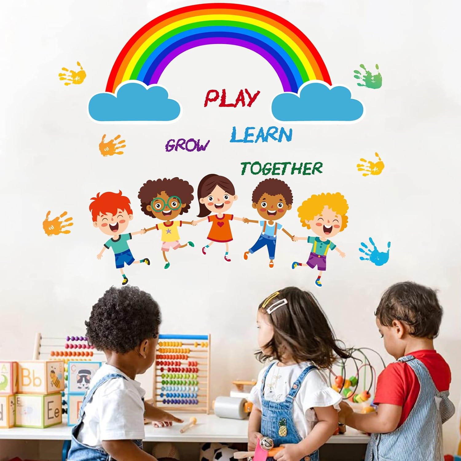 Calcomanías de pared coloridas de arco iris, calcomanías de pared con huellas de mano para niños, murales de pared inspiradores para despegar y