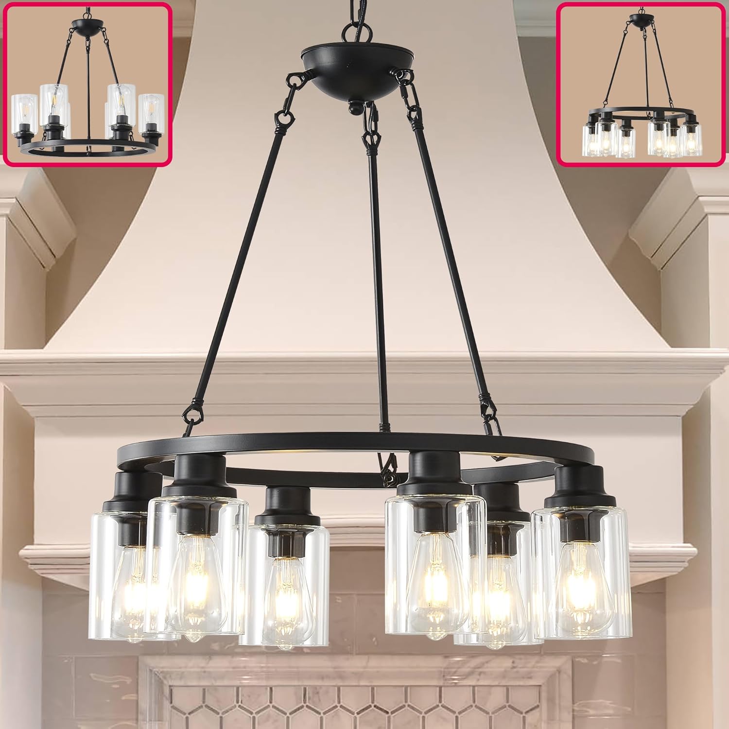 Candelabro negro de 24 pulgadas, 6 luces colgantes de cristal estilo casa de campo, isla de cocina, accesorios de iluminación colgantes redondos