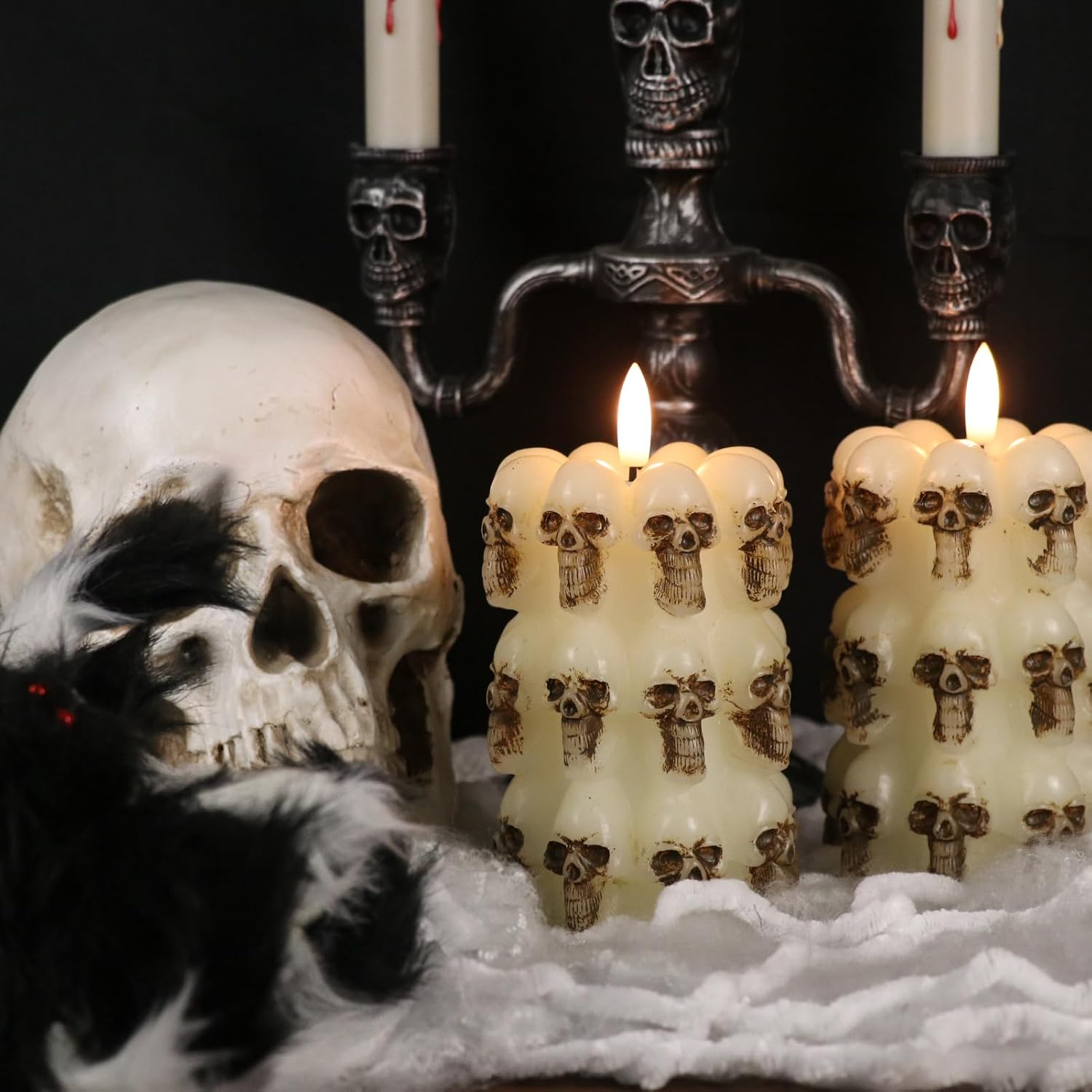 DRomance Velas sin llama apiladas de calavera con control remoto de 10 teclas y temporizador, paquete de 2 velas LED parpadeantes de cera real con