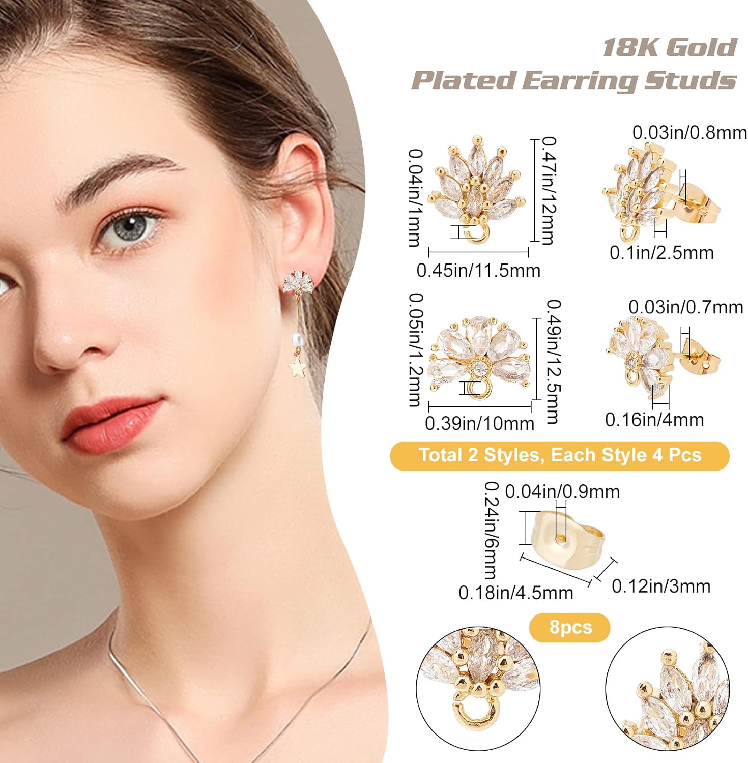Beebeecraft 4 pares de aretes de latón con circonitas cúbicas de latón con lazo para mujeres y niñas, fabricación de joyas, manualidades