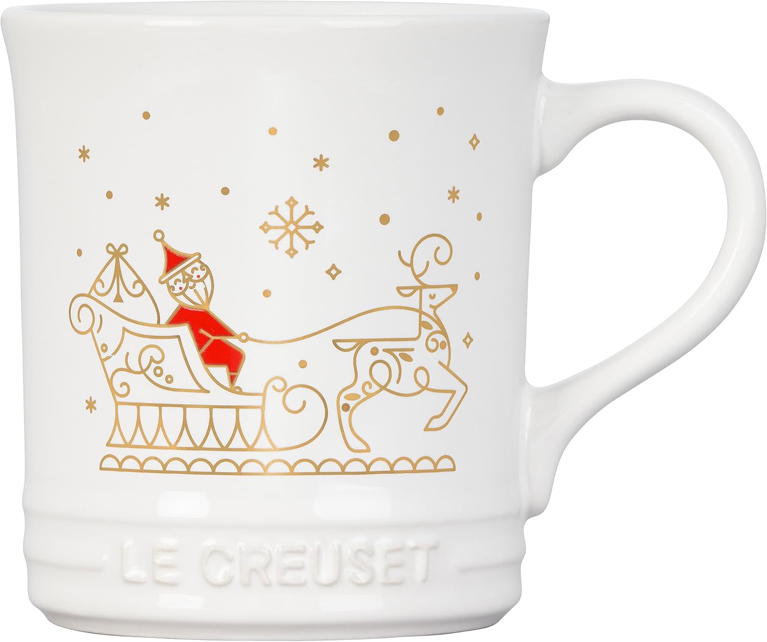 Le Creuset Noël Collection – Taza de cerámica con apliques dorados, 14 onzas, trineo de Papá Noel