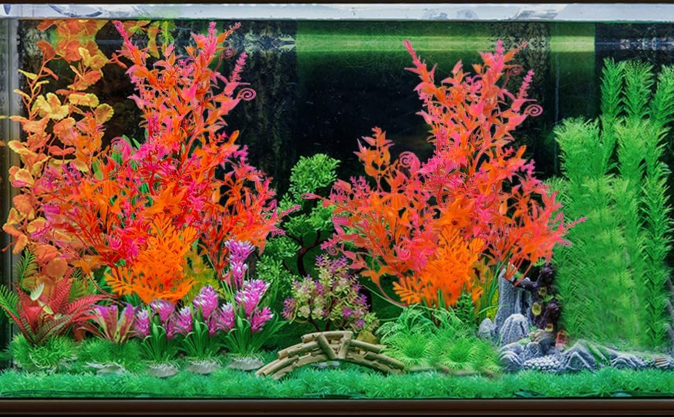 Paquete de 2 plantas de plástico para decoración de acuario, planta de pecera artificial grande, decoraciones de pecera alta, coloridas
