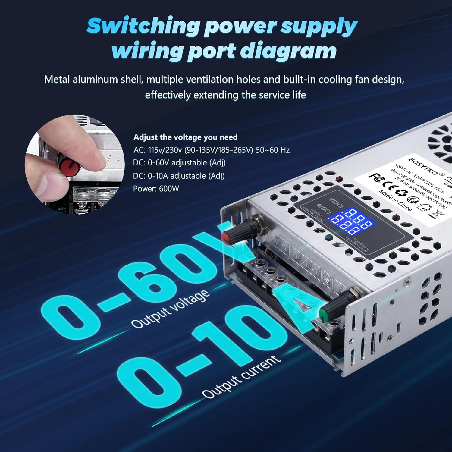 BOSYTRO Fuente de alimentación de CC ajustable de 60 V, 600 W, fuente de alimentación conmutada CA 110V220V a CC 0-60V DC Convertidor con pantalla