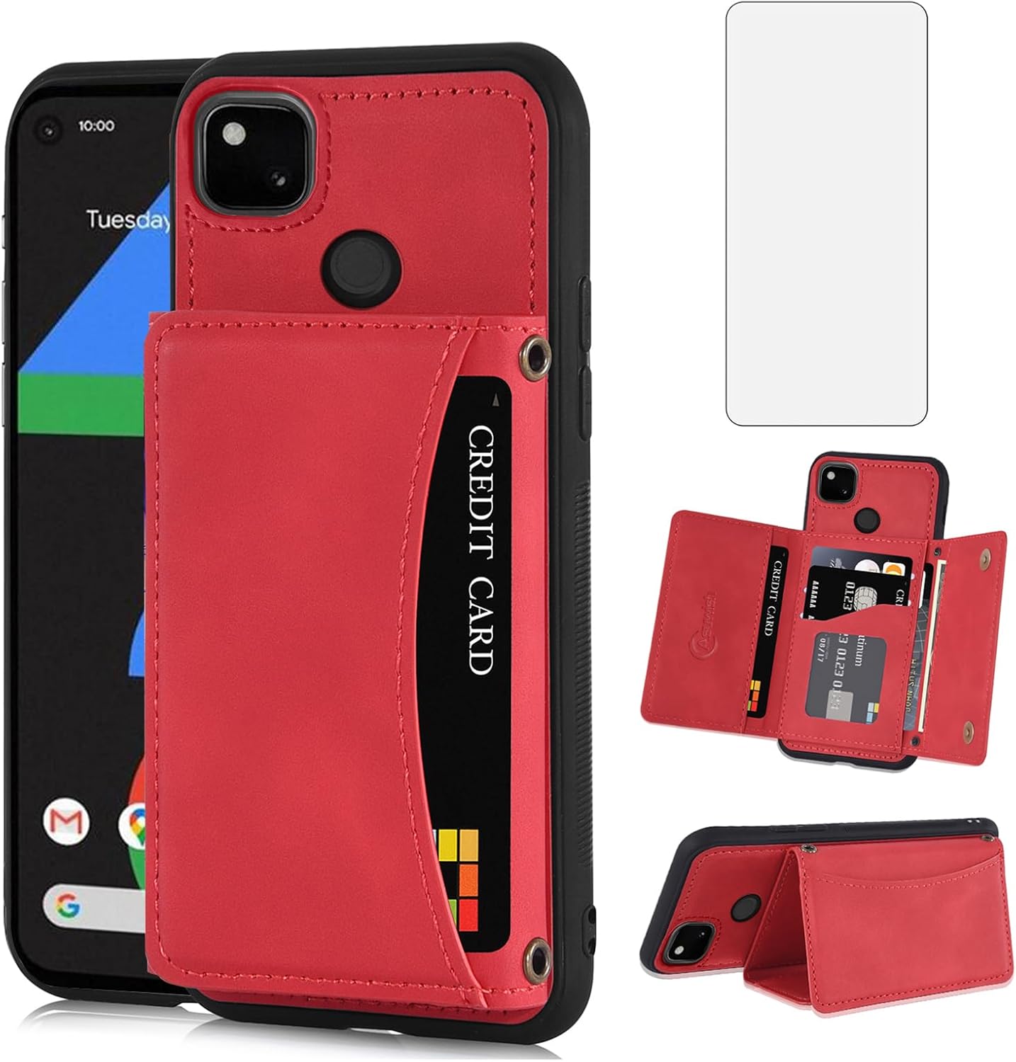 Asuwish Funda de teléfono para Google Pixel 4a 4G Funda tipo cartera con protector de pantalla de vidrio templado y soporte para tarjetas de crédito