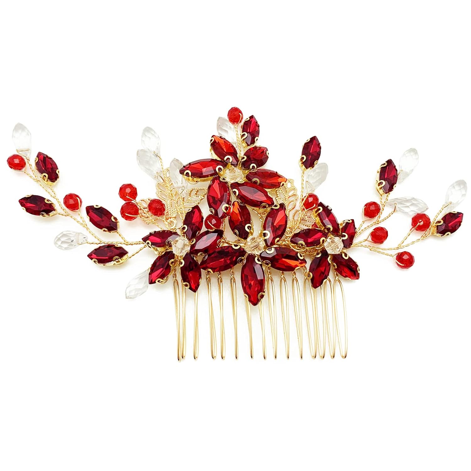BETITETO Pieza de pelo de novia de cristal rojo con peine de flores de vid dorada, accesorios para el cabello para bodas, mujeres y niñas (dorado,