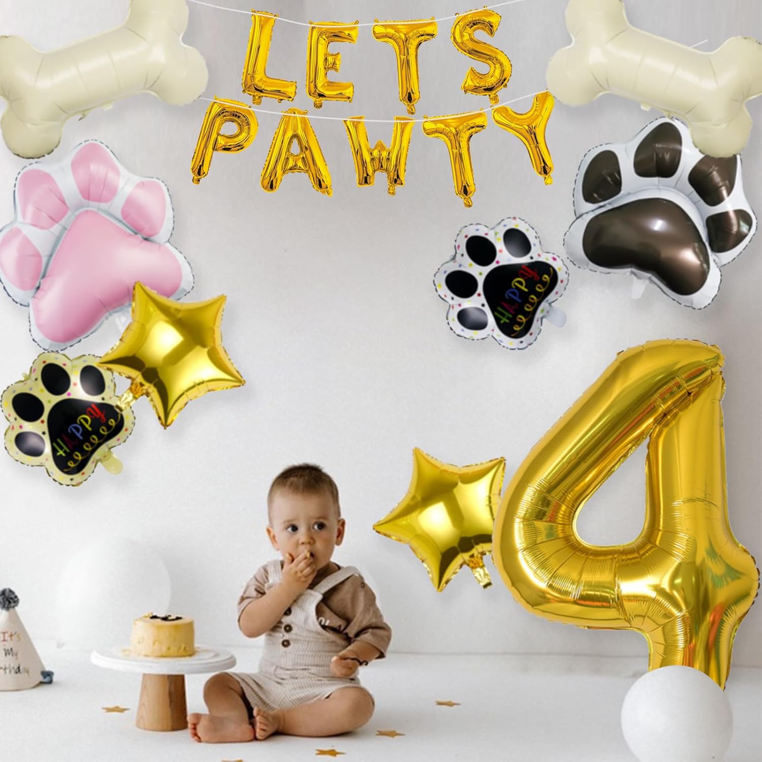 Globos de 4 perro 18 piezas Lets Pawty Balloons Decoración de cumpleaños de pata de perro, globos dorados de 40 pulgadas, 4 globos de aluminio de