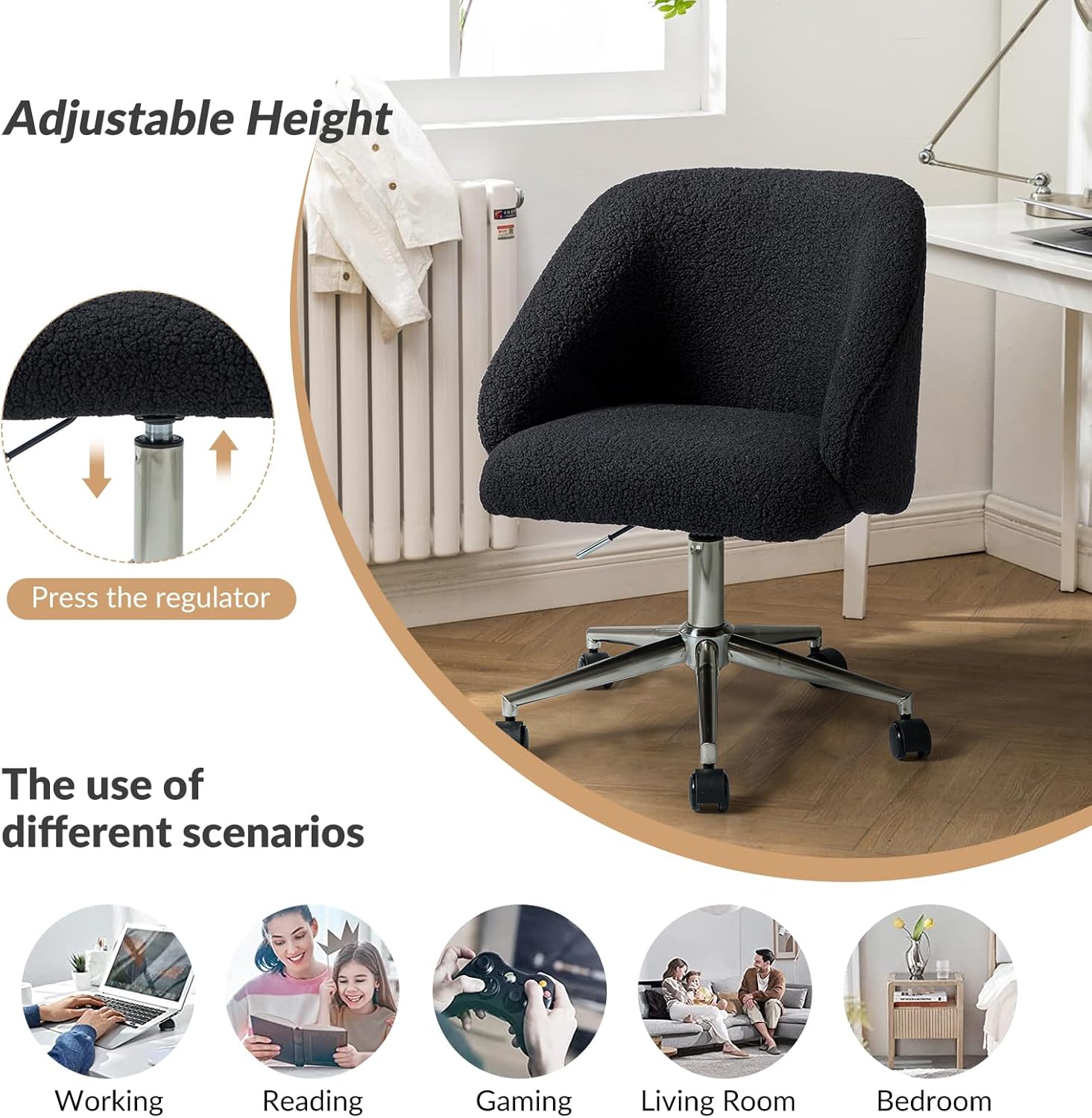 HULALA HOME Silla de oficina sherpa, cómoda silla de escritorio tapizada para oficina en casa, silla de trabajo de altura ajustable, silla de