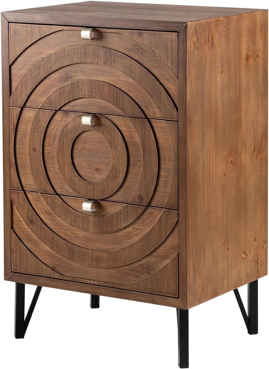 HOMPUS Mesa auxiliar de 3 cajones con acabado de grano de madera, para sala de estar y dormitorio