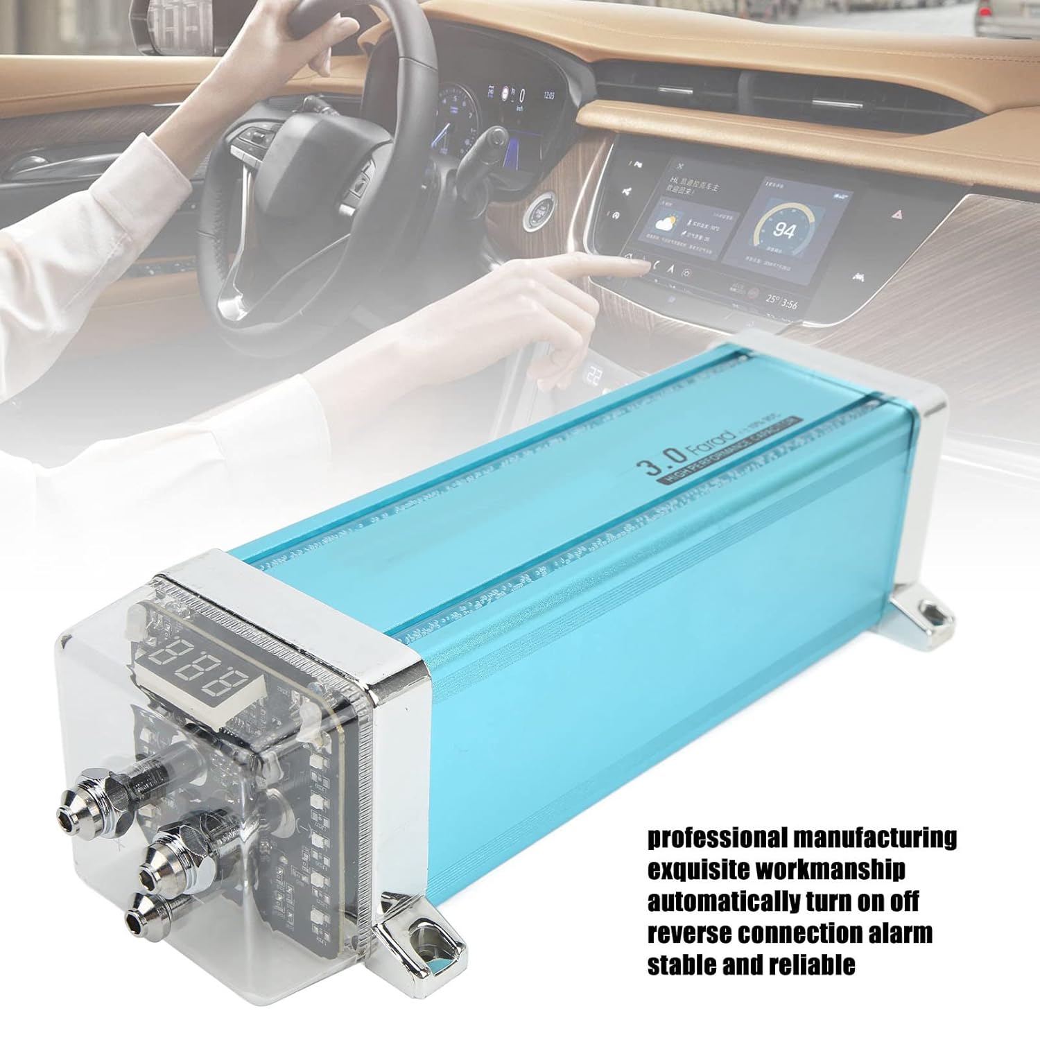 Vomeko Condensador de audio universal para automóvil – Condensador de potencia digital de 3 farad con pantalla de voltaje digital de 34 para