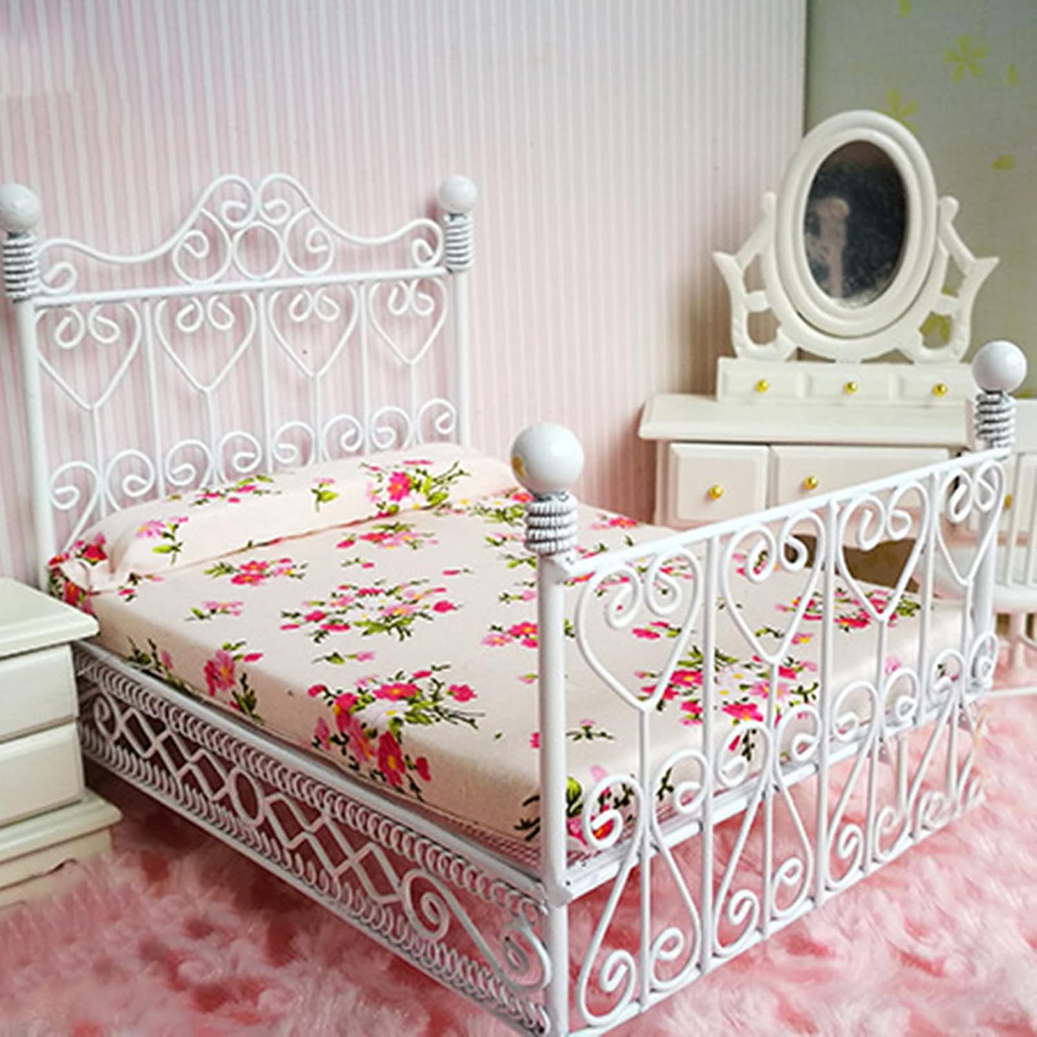 Cama de casa de muñecas de estilo europeo con colchón y almohada 1 a escala 12, casa de muñecas, muebles de casa de muñecas en miniatura, decoración