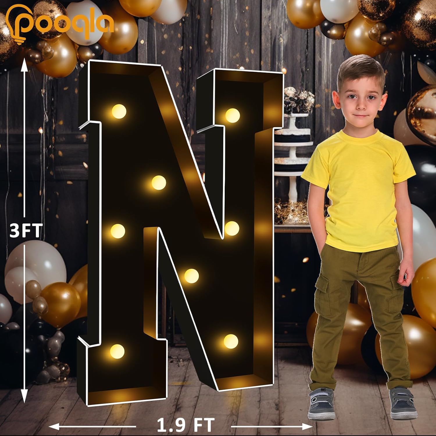 Pooqla Letras iluminadas de marquesina negra de 3 pies, letras de marquesina con luz LED grandes para decoración de fiestas, letras de mosaico