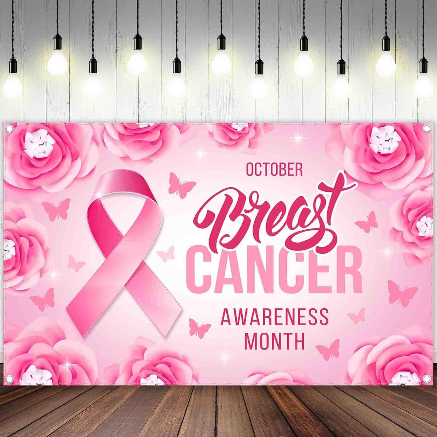 Telón de fondo de fotografía de concienciación sobre el cáncer de mama de 72 x 43 pulgadas, cinta rosa, fondo floral, decoración de fiesta de