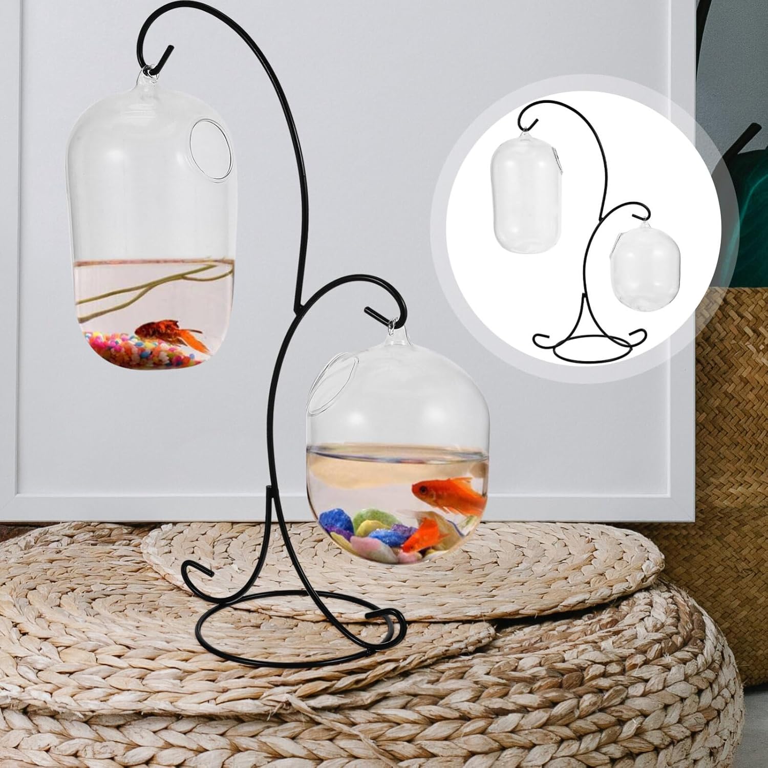 VOSAREA Escritorio de cristal colgante pecera tanque con soporte mesa pequeña tanque de peces de vidrio mini acuario soporte de planta de aire para