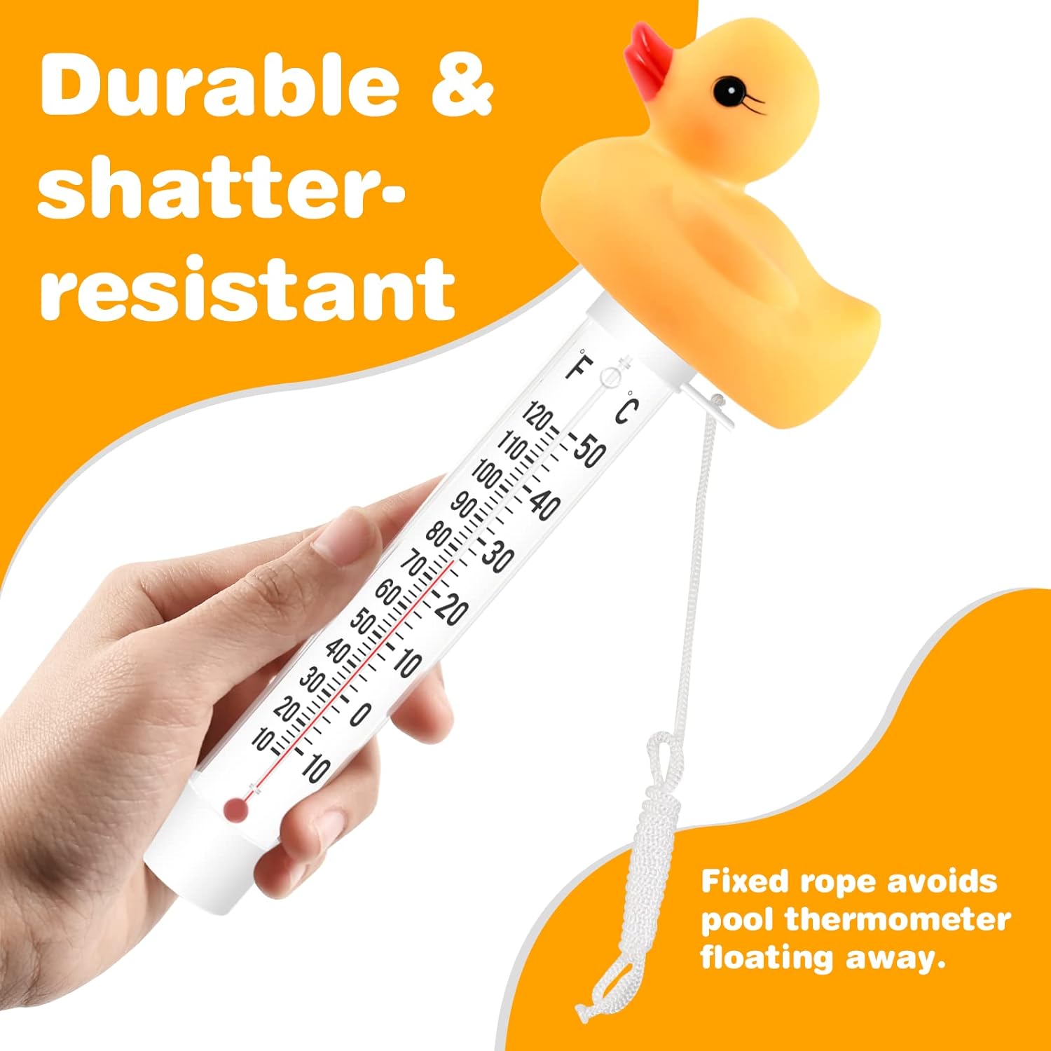 Termómetro flotante de fácil lectura, termómetro de piscina con cuerda, termómetro de agua de estanque de gran tamaño, resistente a roturas,