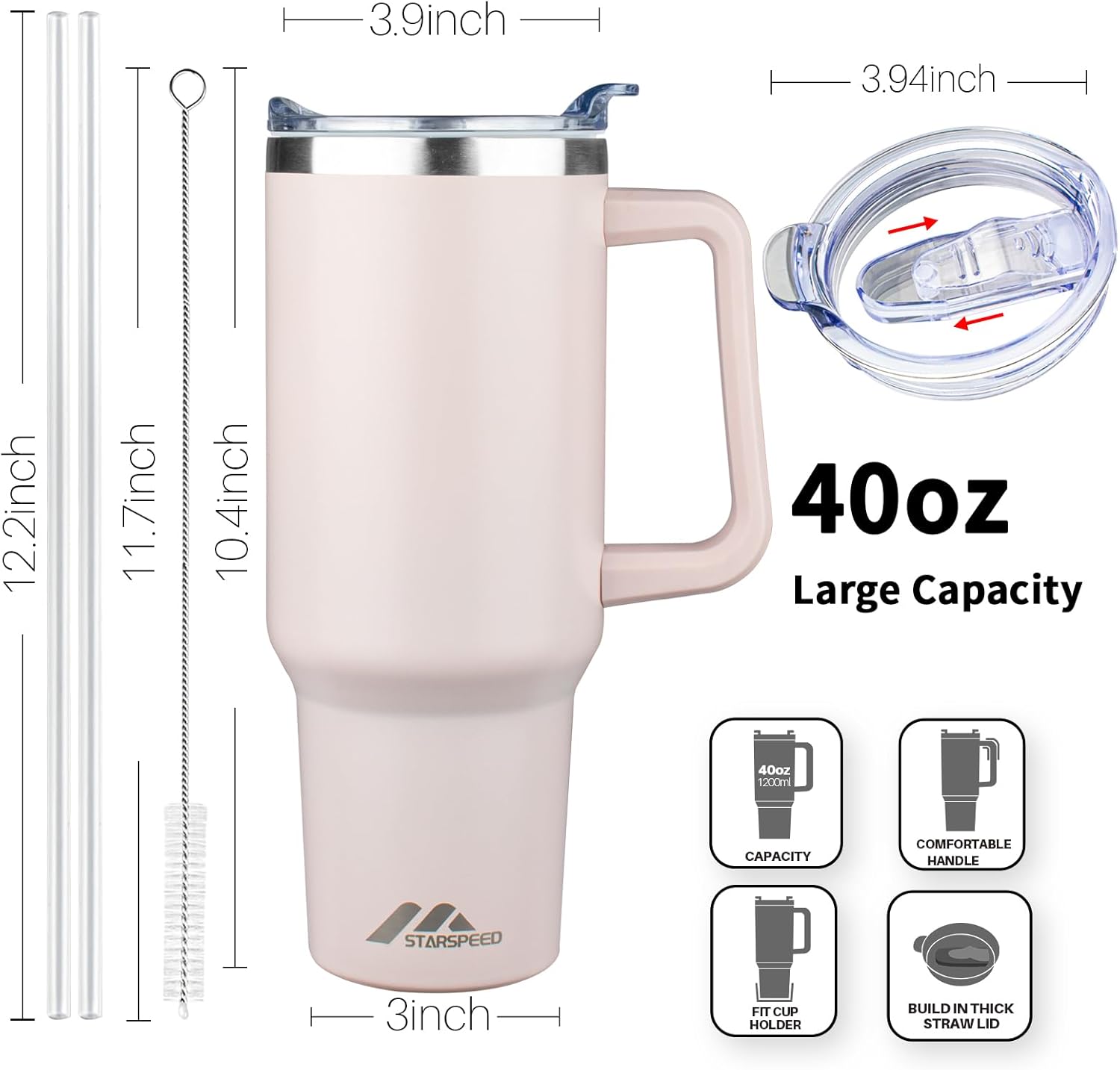 Vaso de 40 onzas con asa y tapa con popote, botella de agua de acero inoxidable, taza aislada reutilizable con tapa y popote, mantiene el frío calor