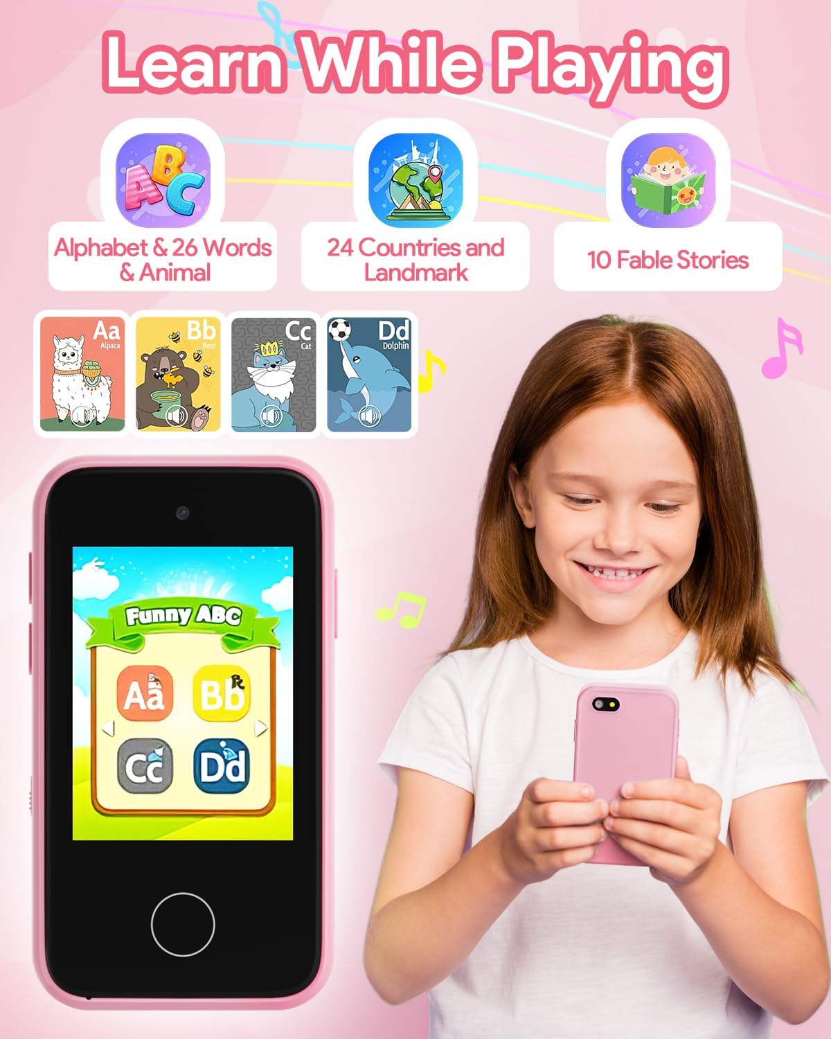 Yuuchoringee Teléfono inteligente para niños para niñas, regalos de aprendizaje para niñas, juguetes con cámara, teléfono para juegos para edades de