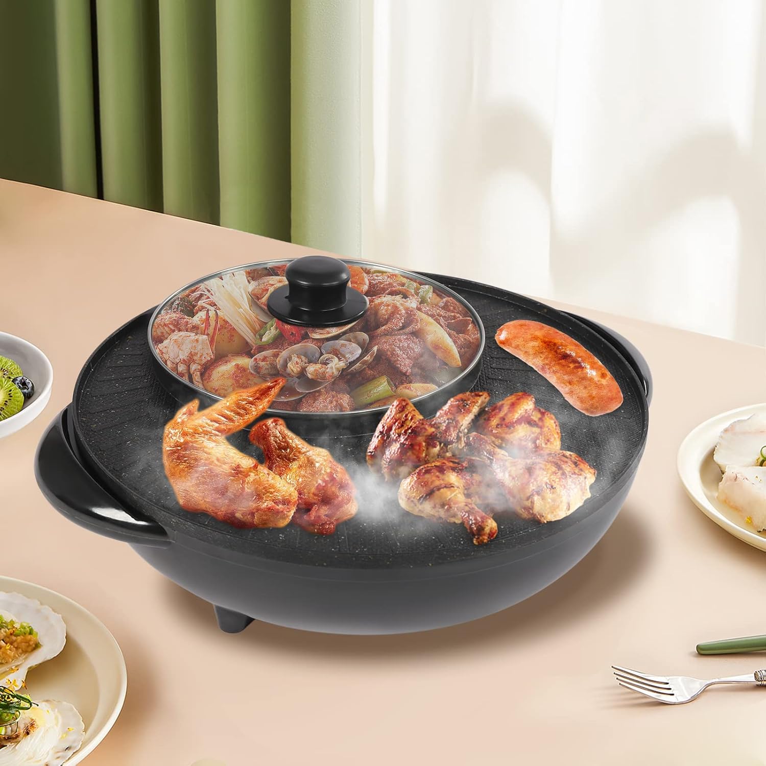 Olla caliente con parrilla 2 en 1, parrilla portátil multifuncional sin humo, combo de parrilla eléctrica para interiores, capacidad para 3-5