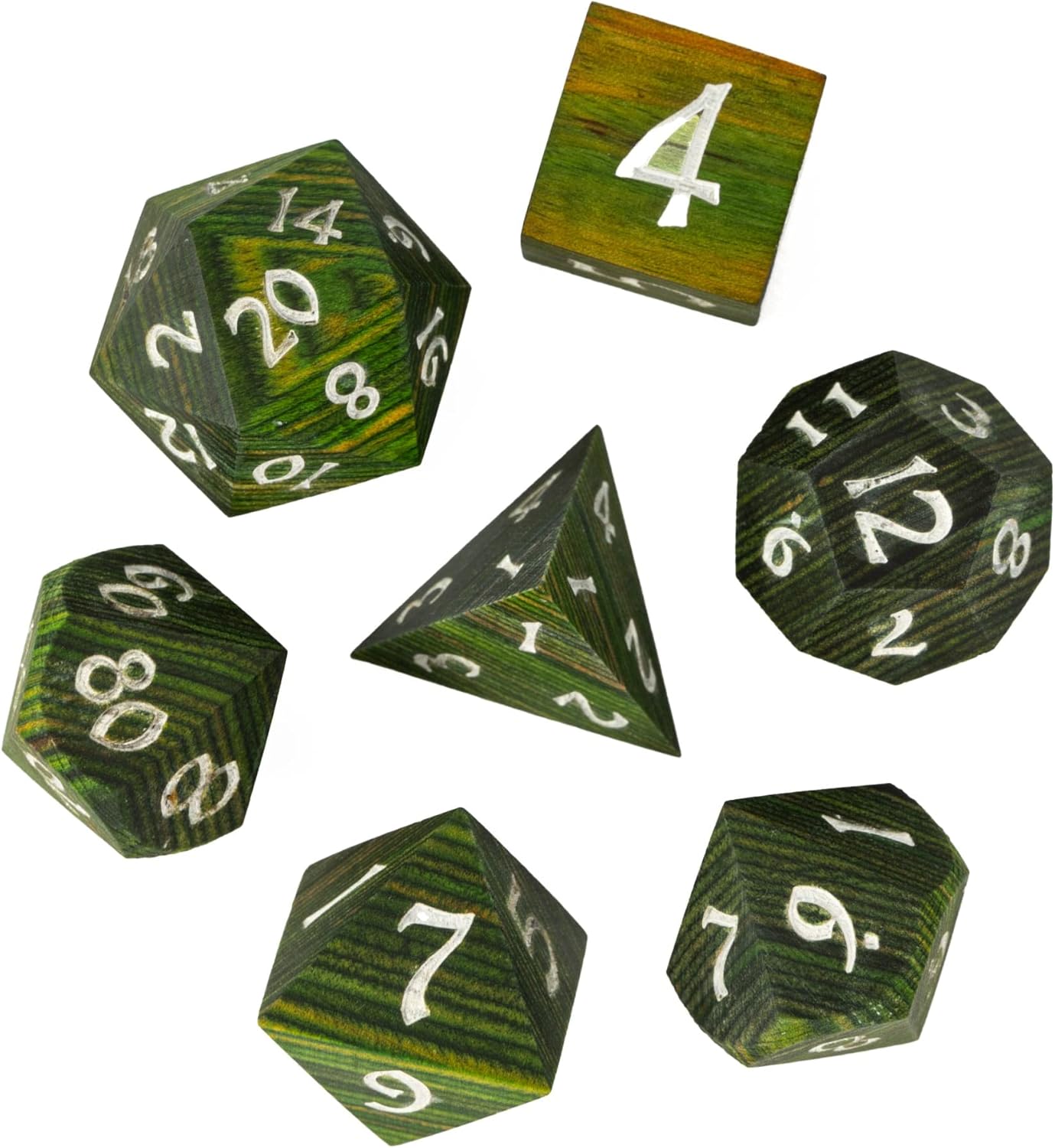 Juego de 7 dados DND poliédricos de madera verde con caja de metal para juegos de rol de Calabozos y Dragones MTG (rayas verdes hierba)