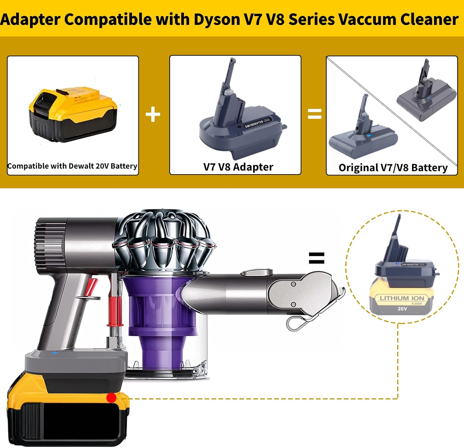 Epowon V7 V8 – Adaptador de batería compatible con batería Dewalt de 20 V a repuesto para batería V7, funciona con todos los convertidores de vacío