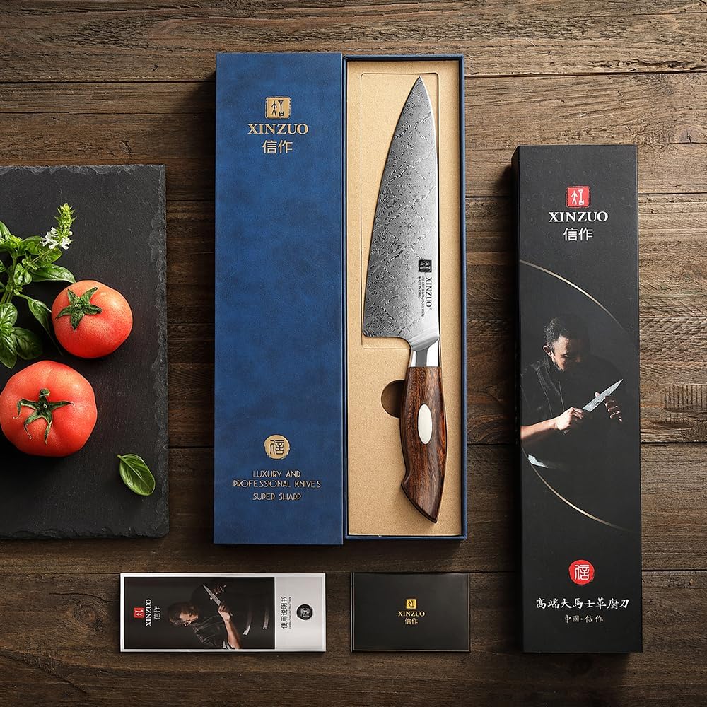 XINZUO Cuchillo de chef de acero de Damasco de 8.3 pulgadas, 110 capas, cuchillo de cocina profesional forjado a mano, espiga completa, cuchillo