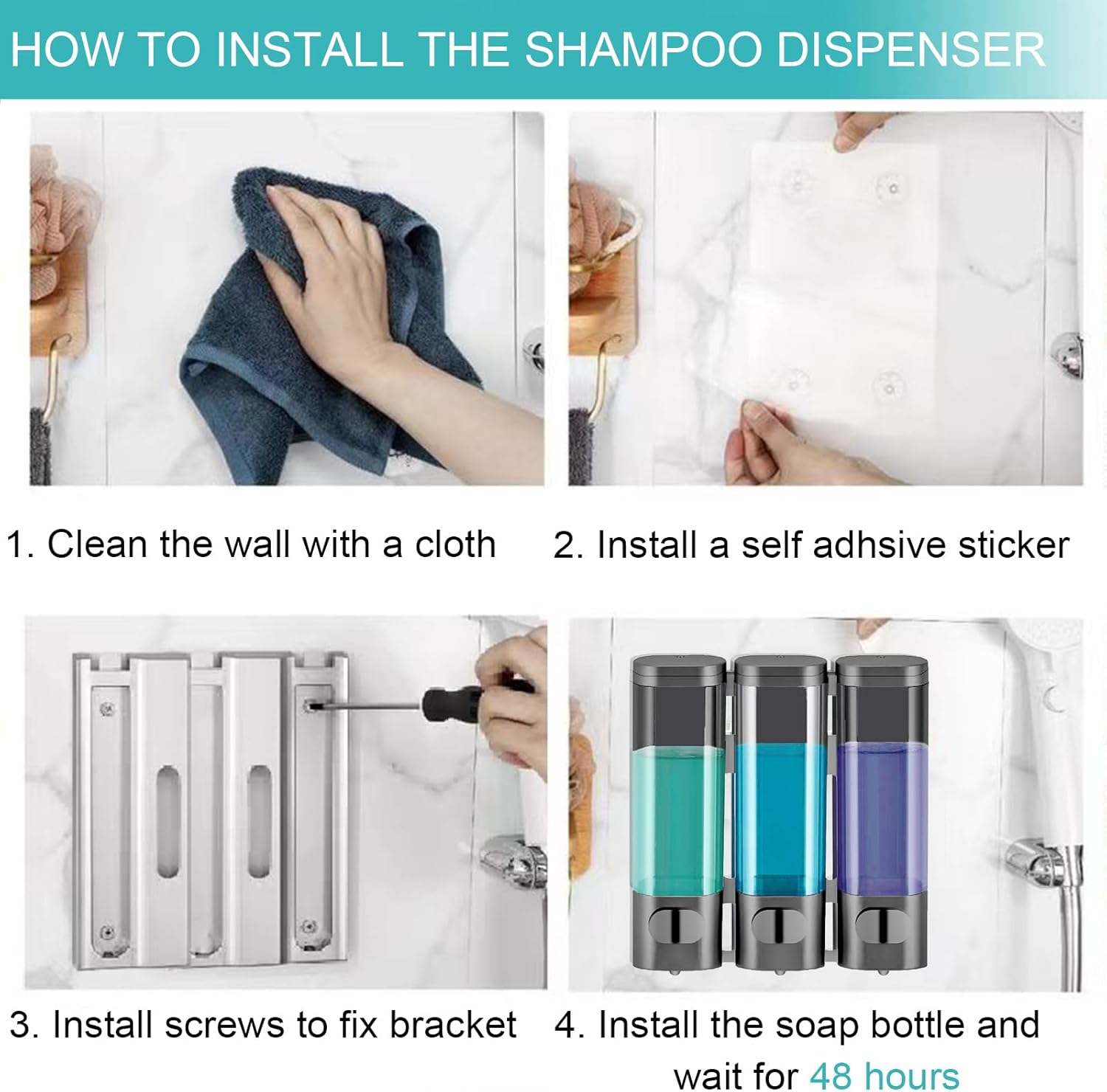Dispensador de ducha de 3 cámaras sin taladro, dispensador de champú de ducha de 3 cámaras montado en la pared, dispensador de champú y