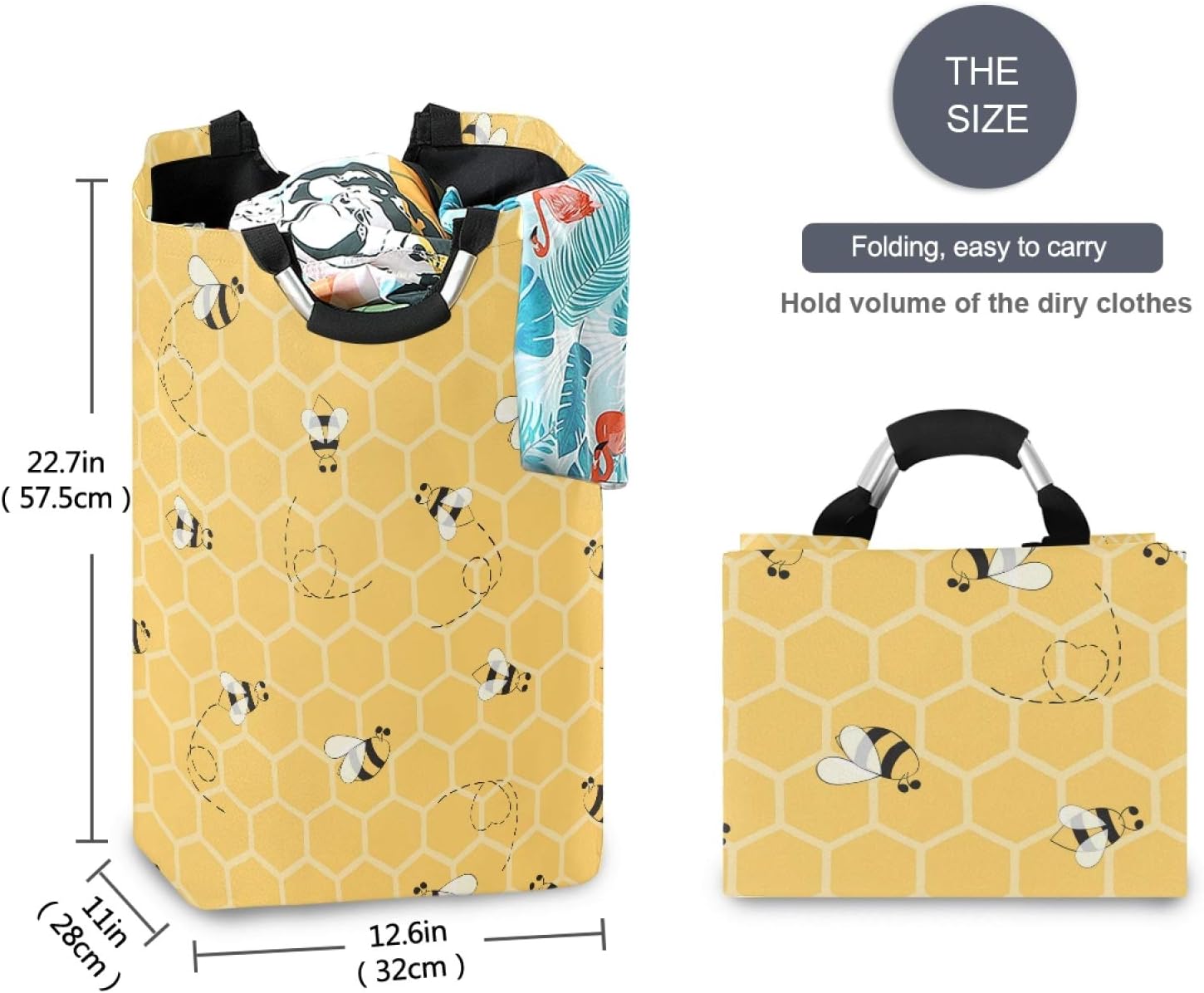 AUUXVA Cesta de lavandería amarilla con diseño geométrico de panal de abeja y colmena, cesta de almacenamiento grande plegable con asas para baño,