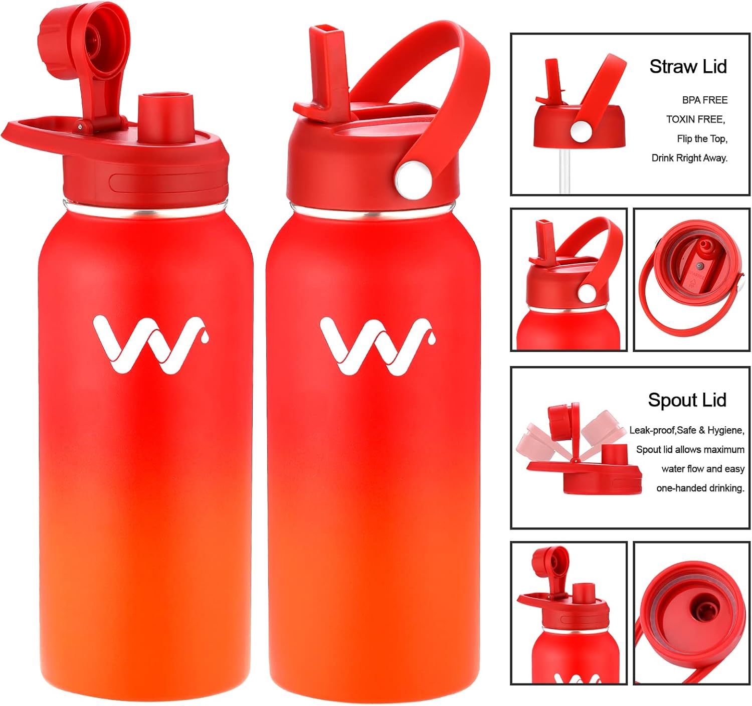 WEREWOLVES Botella de agua aislada con asas de paracaídas, correa, tapa de popote y tapa de boquilla, botella de agua reutilizable de boca ancha al