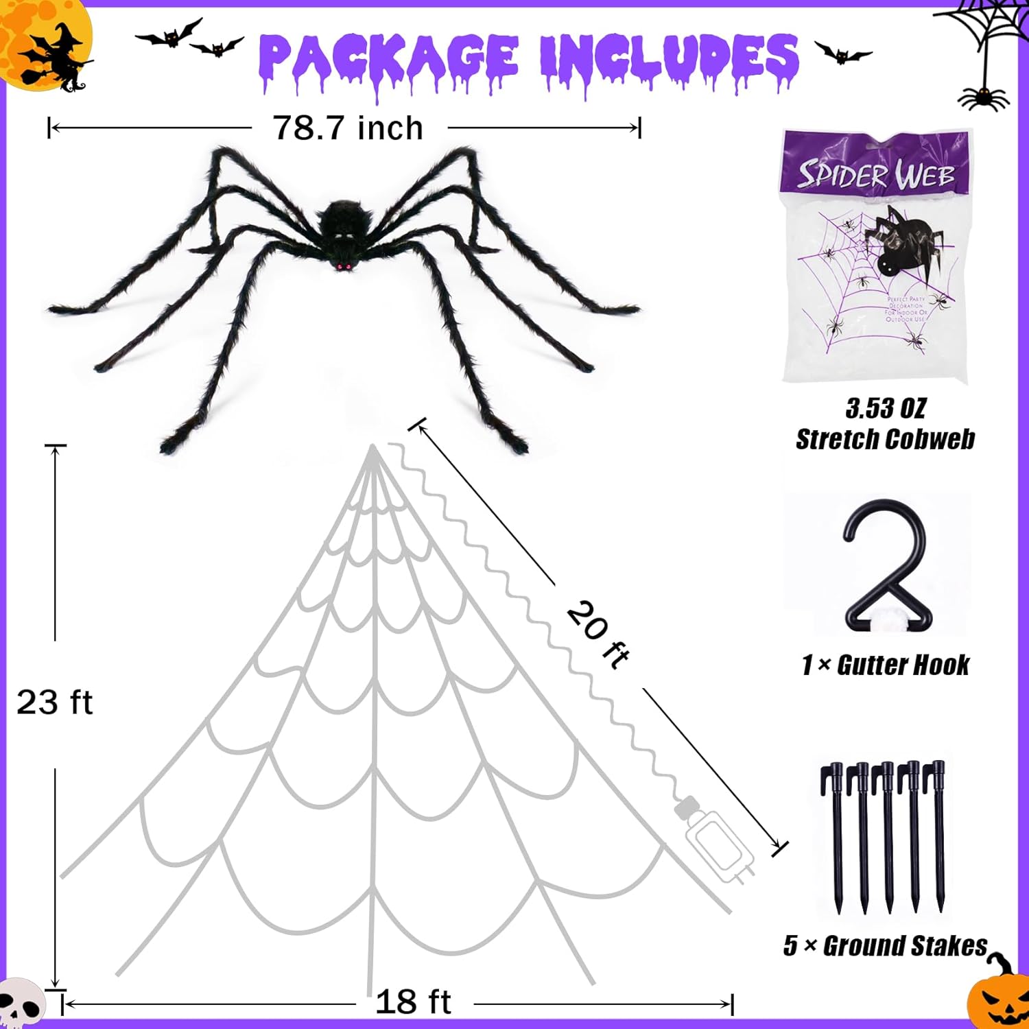 Telarañas para decoración de Halloween al aire libre, 290 luces LED de telaraña, decoración con araña grande de 78.7 pulgadas y telaraña elástica de