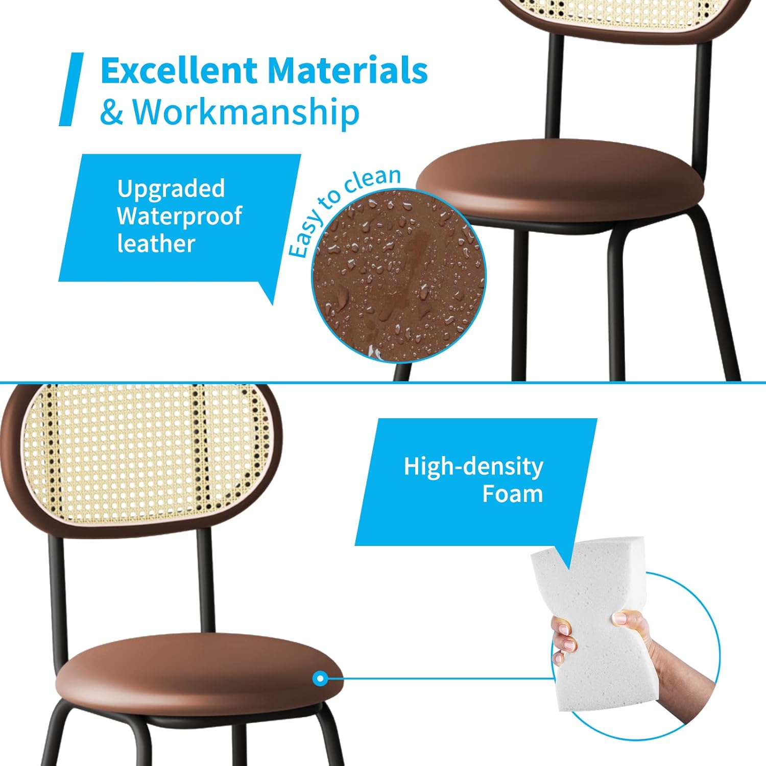 Mjkone Juego de taburetes de bar de cuero de 2.24 pulgadas para interiorexterior, silla de comedor con respaldo de ratán, taburete de bar de altura