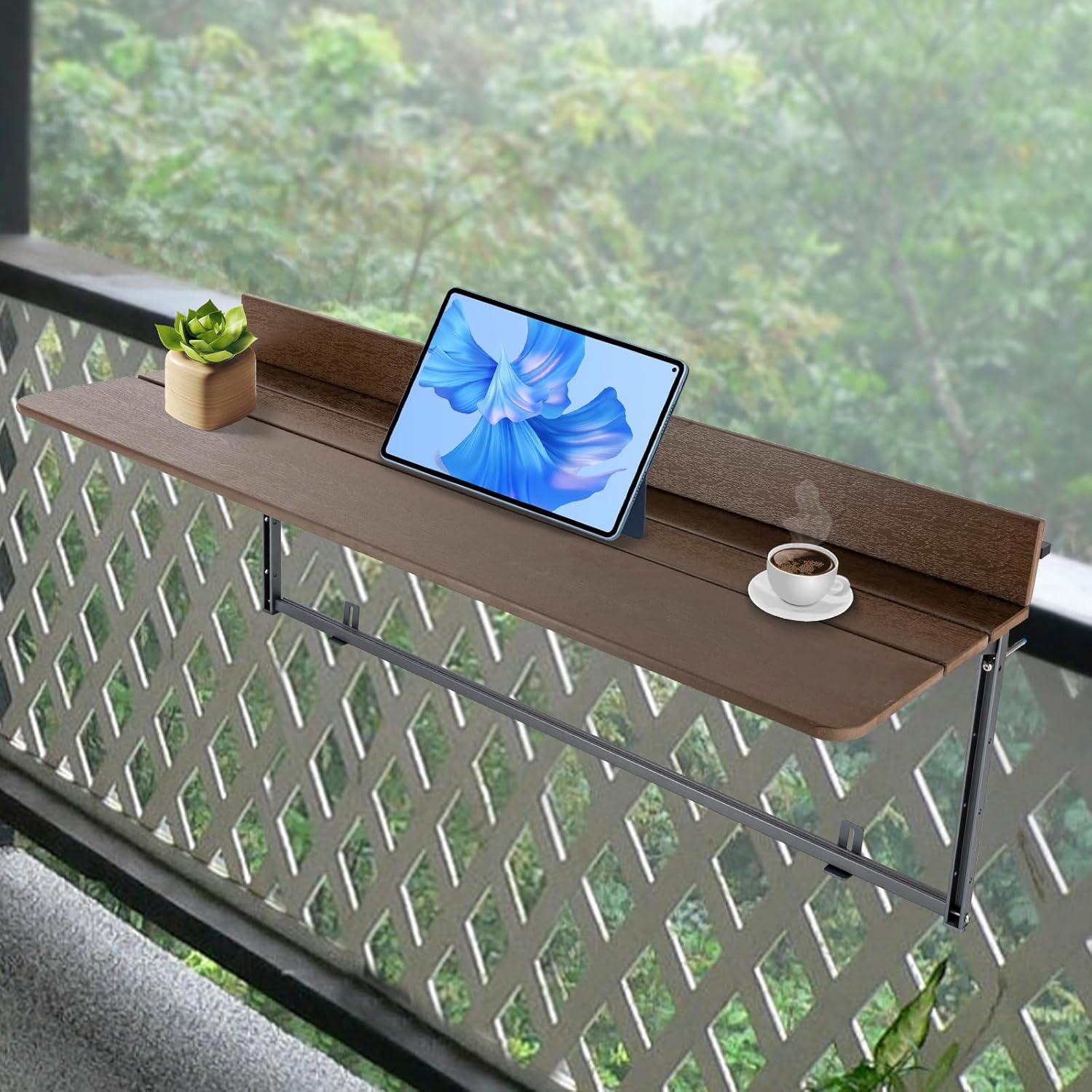Mesa de bar de balcón para barandillas, mesa de balcón colgante de altura ajustable, mesa colgante plegable para exteriores, mesa de comedor marrón