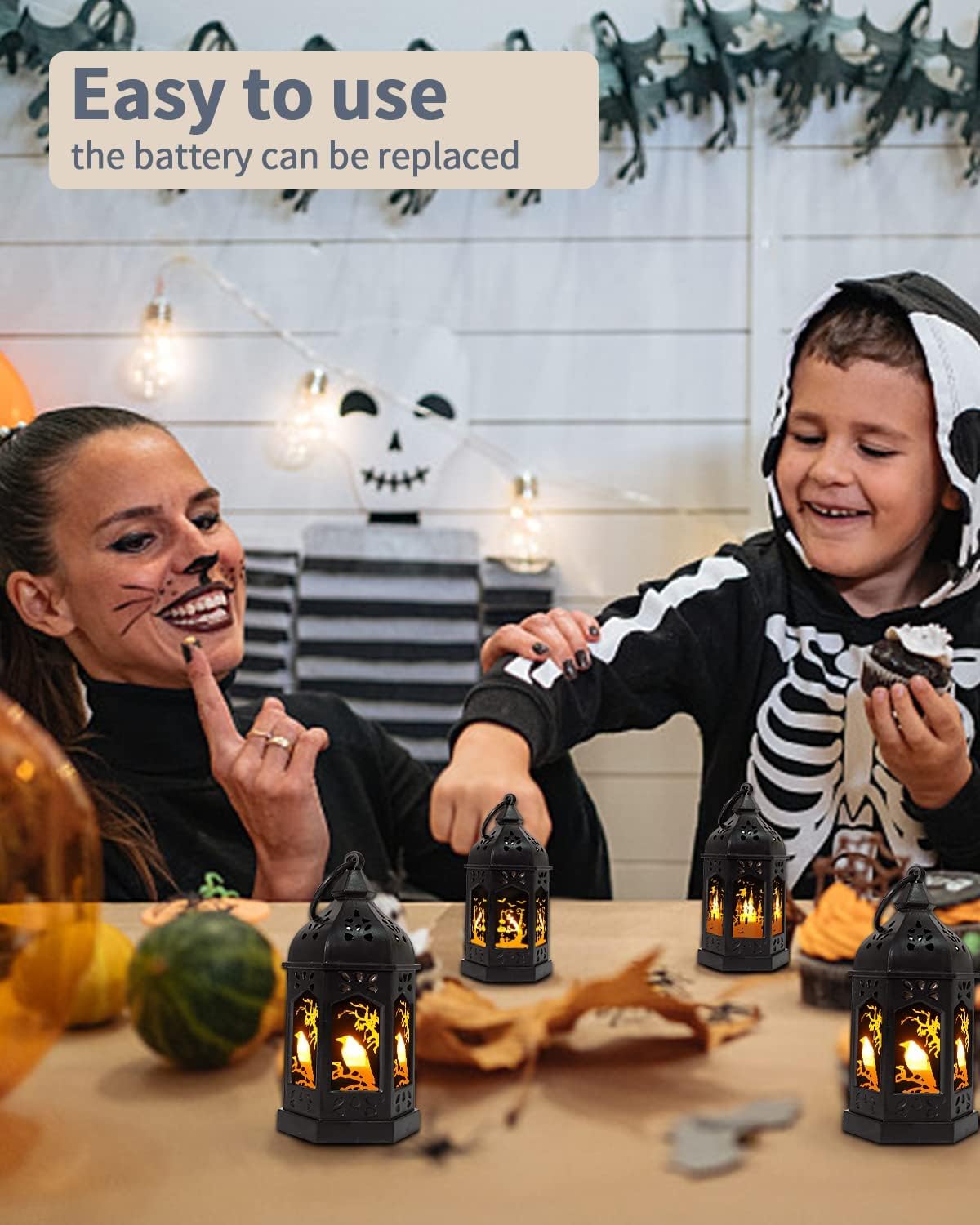 SHYMERY Halloween Lantern,Mini Lantern Decorative Lights with Flickering Candles,Glass Hanging LED Small Candle Lanterns Gifts for