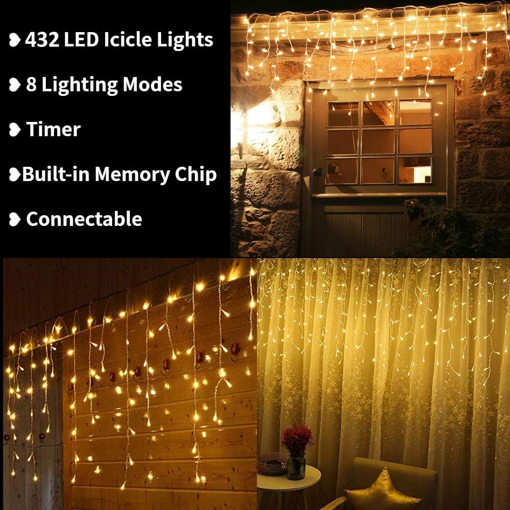 Toodour Guirnalda de 432 luces LED de 35.4 pies con 72 gotas, luces de hadas parpadeantes para Navidad, fiestas, vacaciones, color blanco cálido