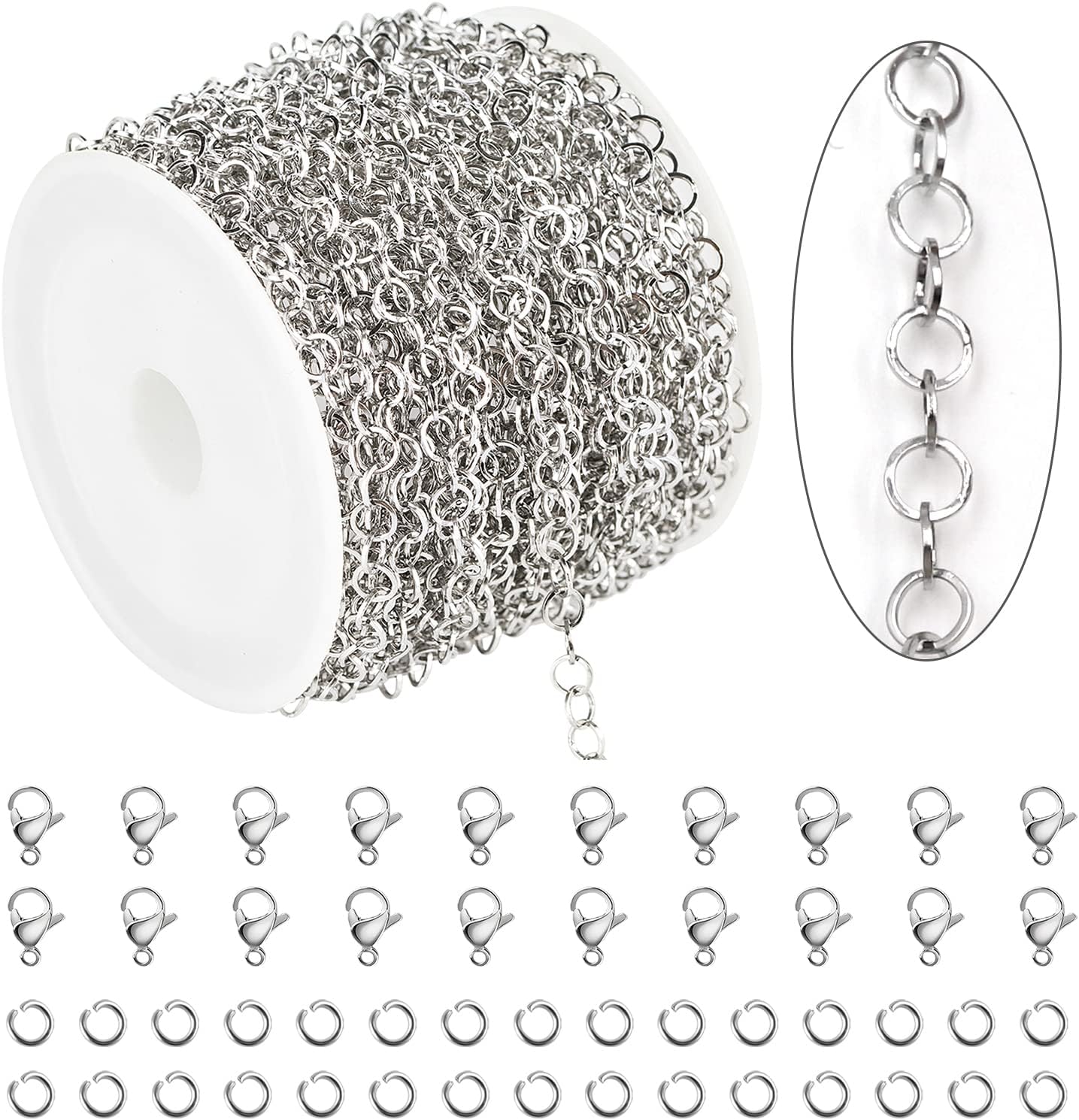 KYUNHOO Cadena de acero inoxidable 304 de plata de 33 pies para fabricación de joyas, rollo de cadena de eslabones circulares redondos de 0.157 in,