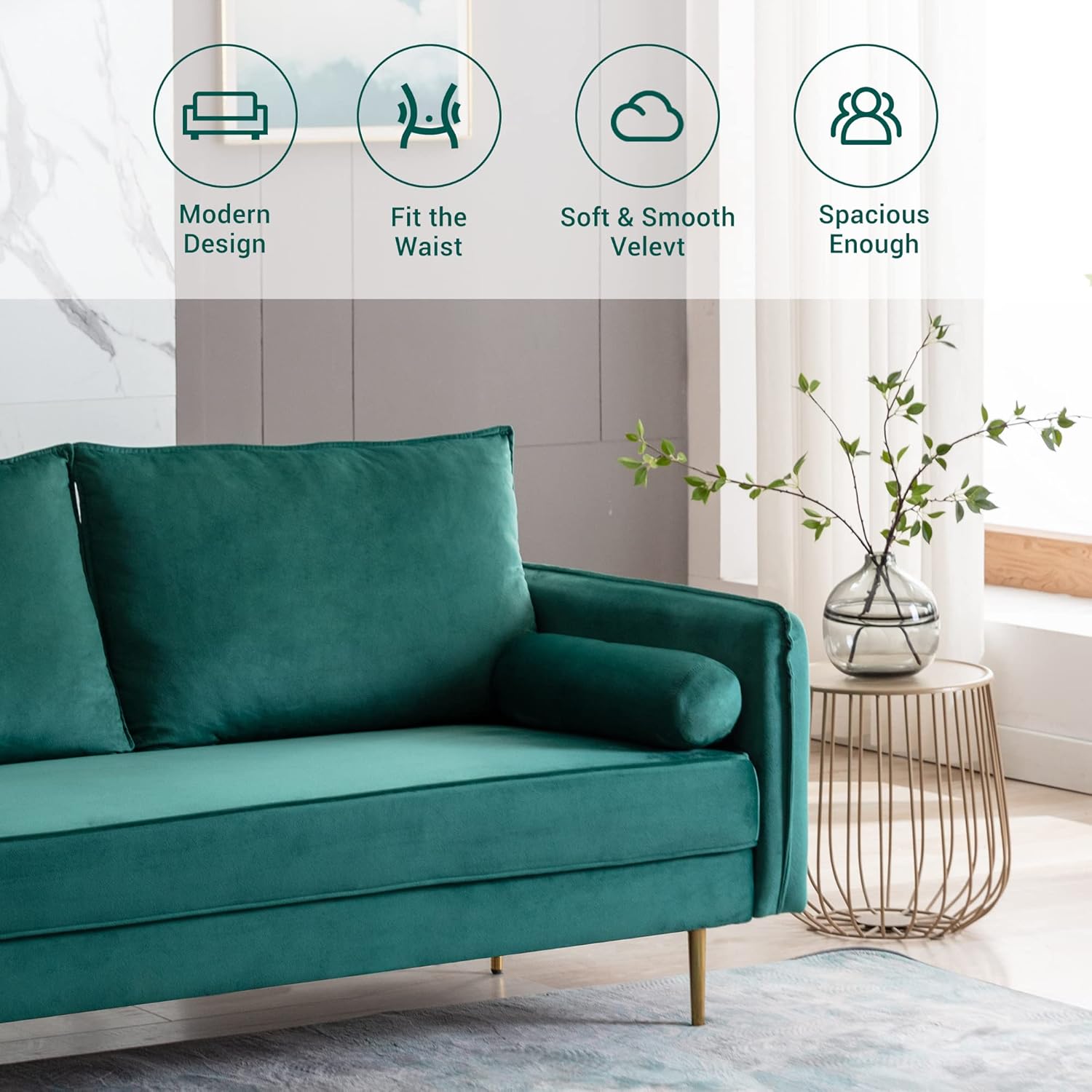 civama Sofá de terciopelo de 70 pulgadas de ancho, sofá de dos plazas tapizado moderno con 2 almohadas y bolsillos laterales, cómodo cojín de