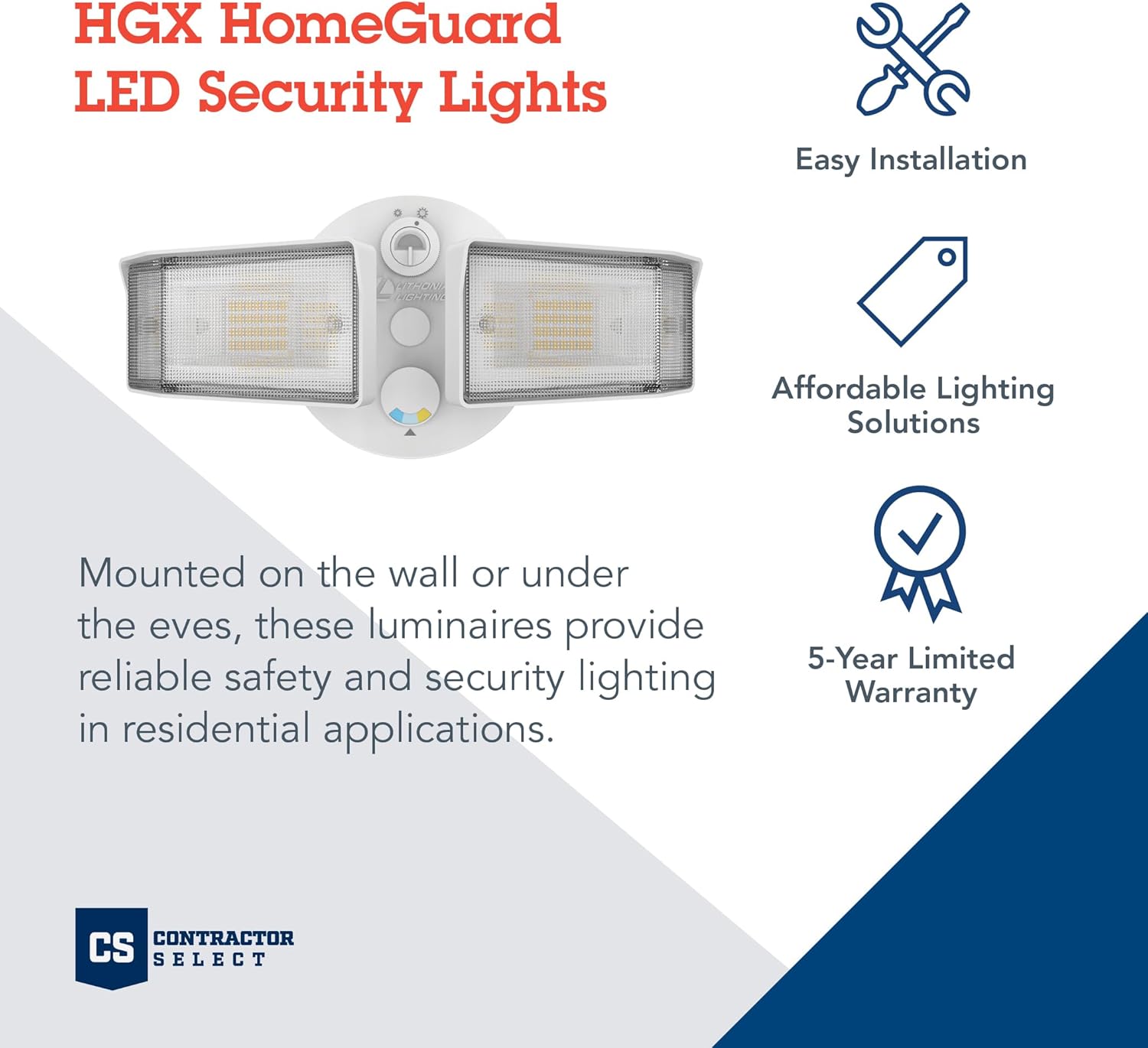 Lithonia Lighting HGX LED 2SH ALO SWW2 120 PE WH M2 HomeGuard – Reflector LED de seguridad para exteriores, salida de luz ajustable, CCT conmutable,