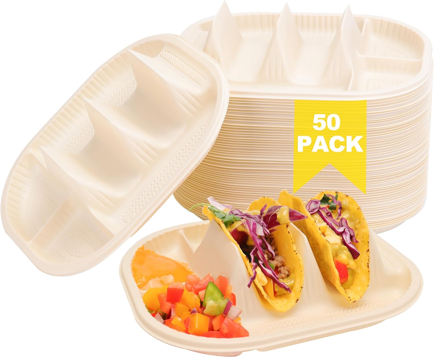 LUVCOSY 50 platos desechables pequeños para tacos para fiestas, soportes para tacos de almidón de maíz con 2 áreas de inmersión, capacidad para 2