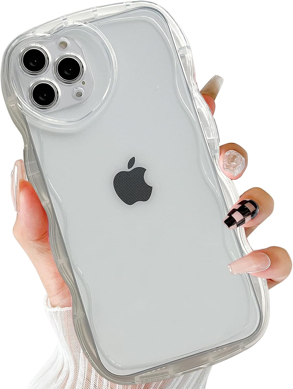 Qokey Funda compatible con iPhone 14 Pro (2022 de 6.1 pulgadas), bonita funda transparente de amor, marco de cámara de corazón, borde ondulado,