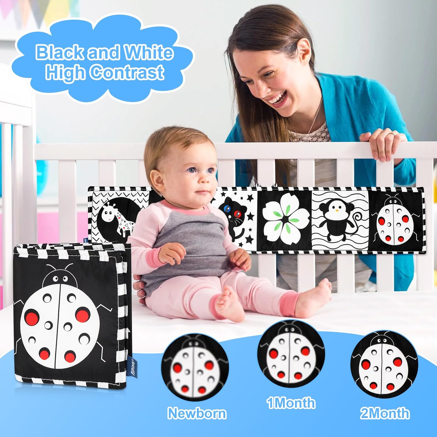 Paquete de 2 libros para bebés de alto contraste en blanco y negro, actividades de aprendizaje Montessori para bebés, juguetes para el tiempo boca