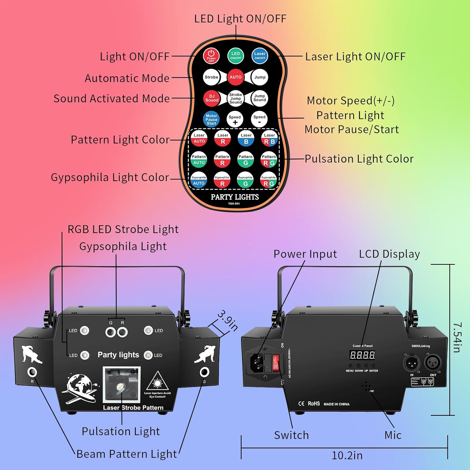 Luces láser para DJ para fiesta, proyector láser y efecto estroboscópico, iluminación de escenario por DMX512 Control y sonido activado con control