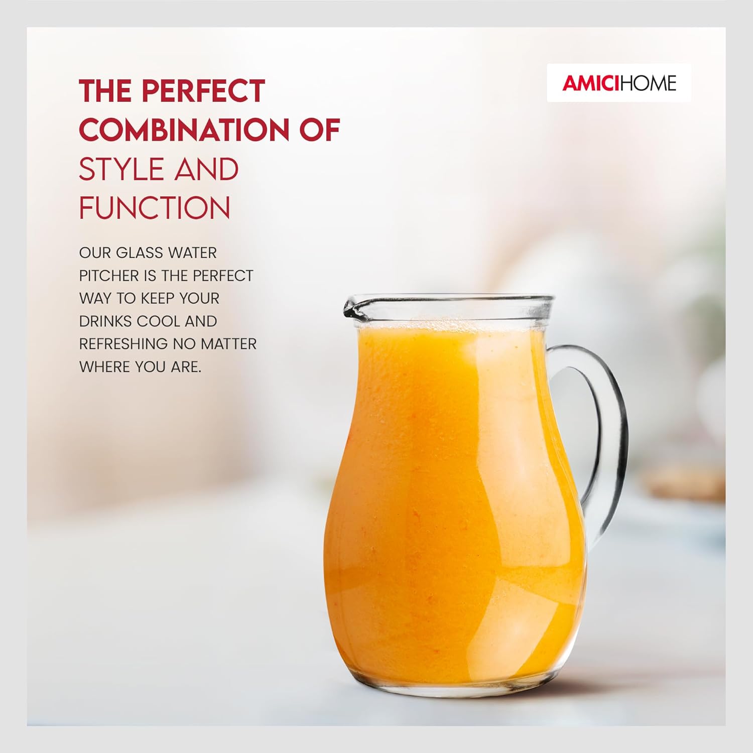 Amici Home Roxy – Jarra de agua de vidrio con asa y boquilla, jarra redonda con labio de hielo, ideal para té helado, sangría, limonada, jugo,